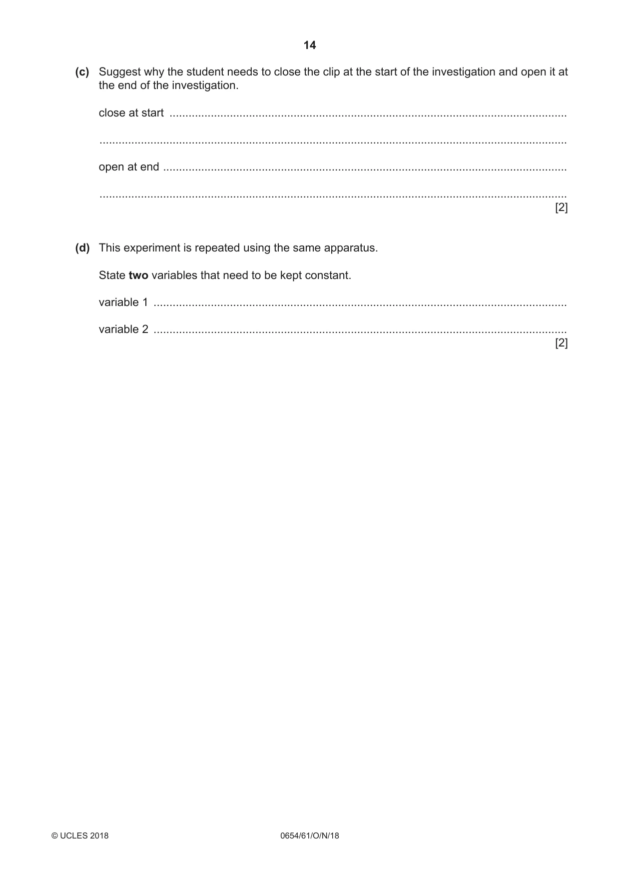 Cambridge IGCSE Sciences - Co-ordinated (Double) 0654 2018 Oct/Nov Paper 6 · Variant 1 question paper, page 14 of 20