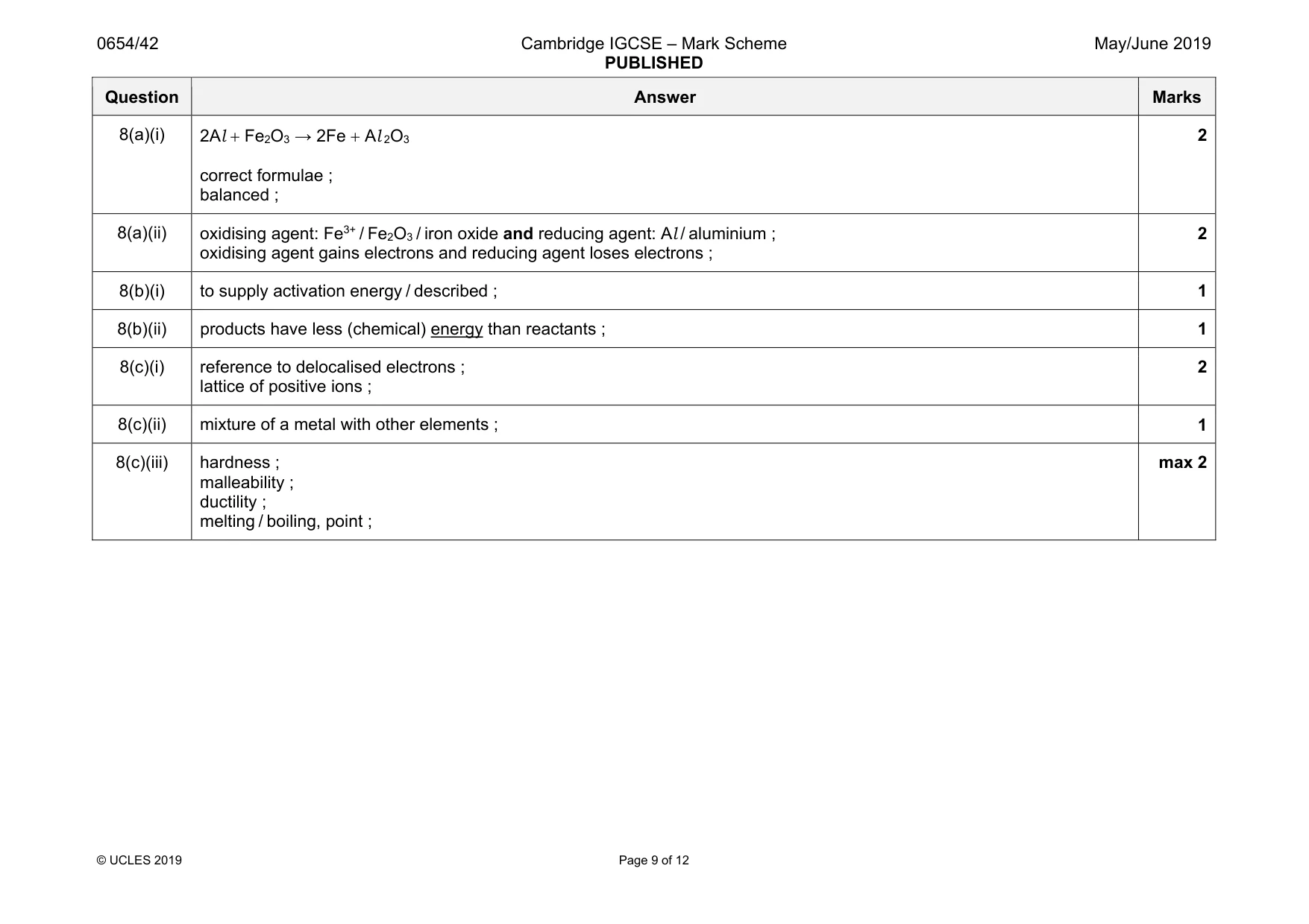 Mark scheme, page 9 of 12
