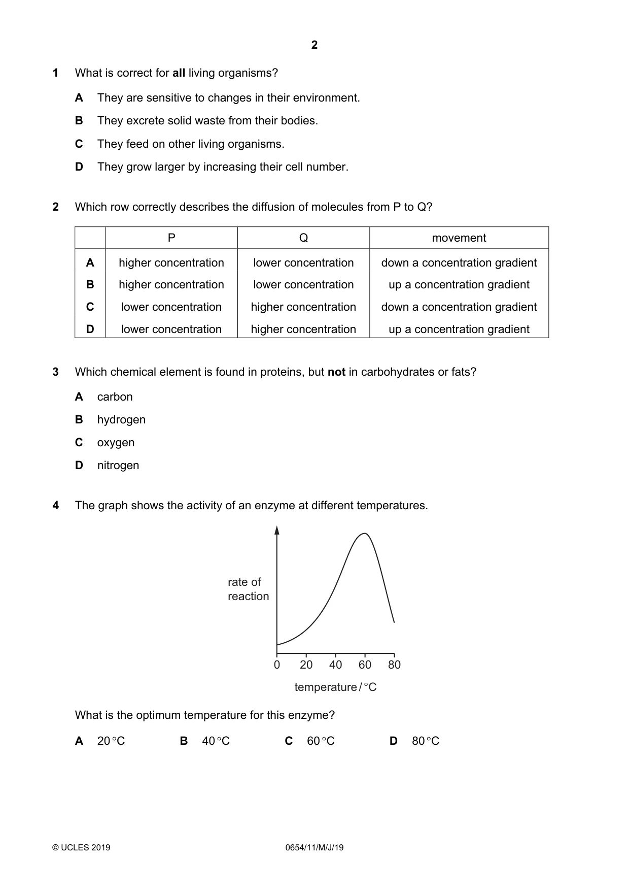 Cambridge IGCSE Sciences - Co-ordinated (Double) 0654 2019 May/June Paper 1 · Variant 1 question paper, page 2 of 20