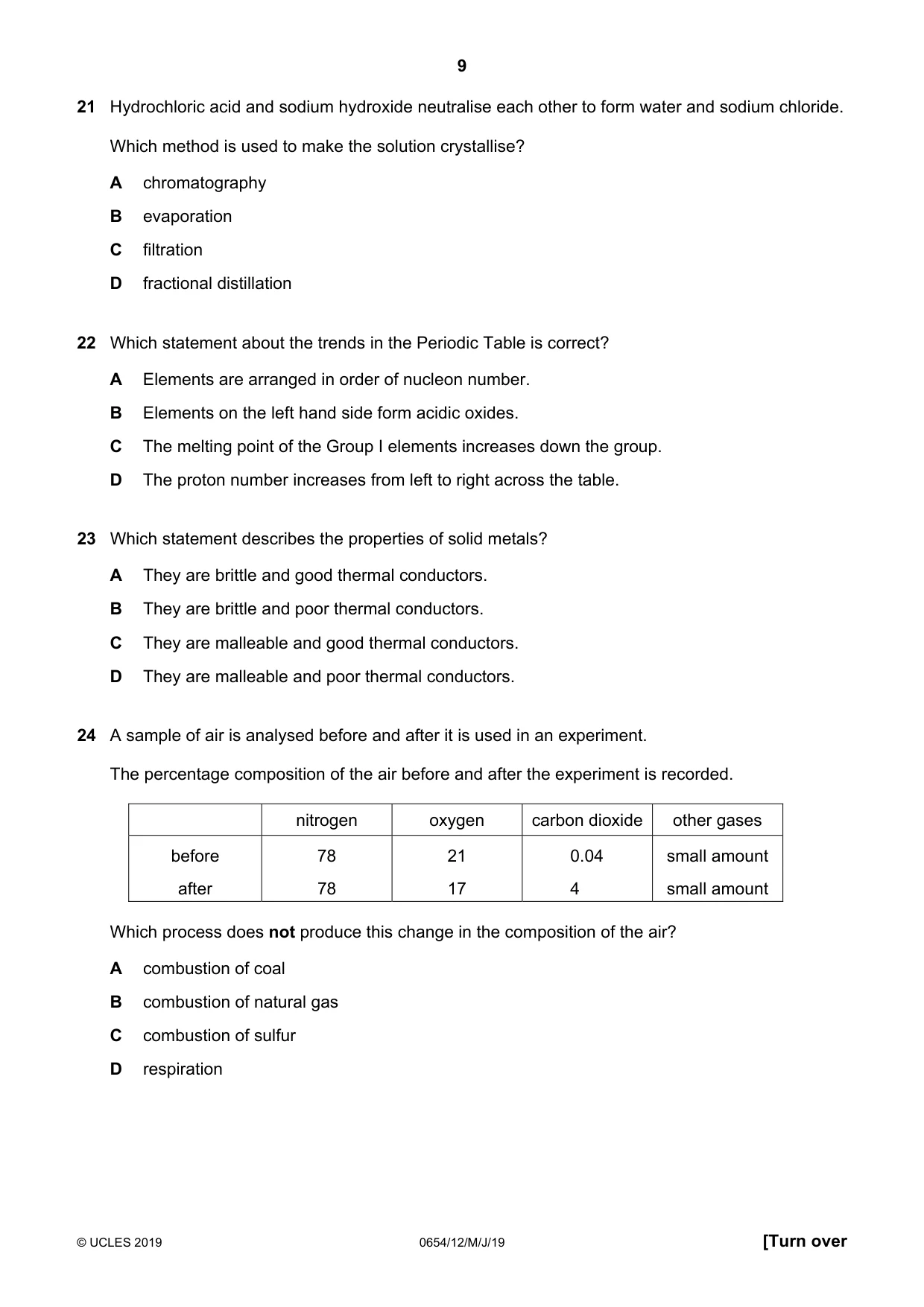 Cambridge IGCSE Sciences - Co-ordinated (Double) 0654 2019 May/June Paper 1 · Variant 2 question paper, page 9 of 16