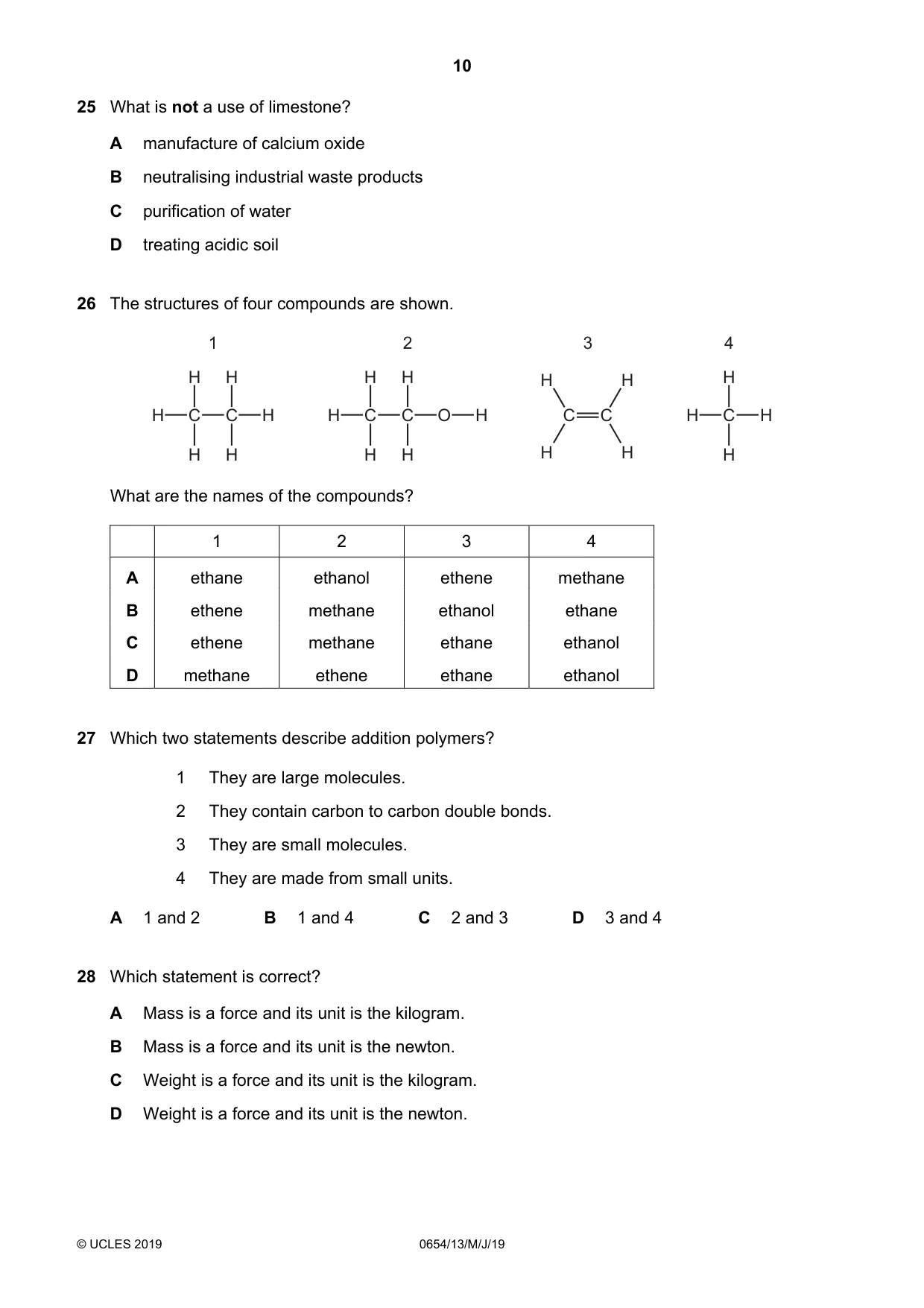 Cambridge IGCSE Sciences - Co-ordinated (Double) 0654 2019 May/June Paper 1 · Variant 3 question paper, page 10 of 16