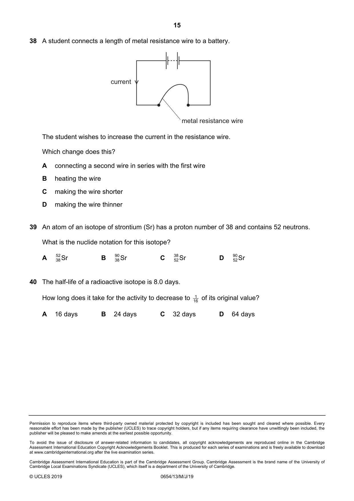Cambridge IGCSE Sciences - Co-ordinated (Double) 0654 2019 May/June Paper 1 · Variant 3 question paper, page 15 of 16