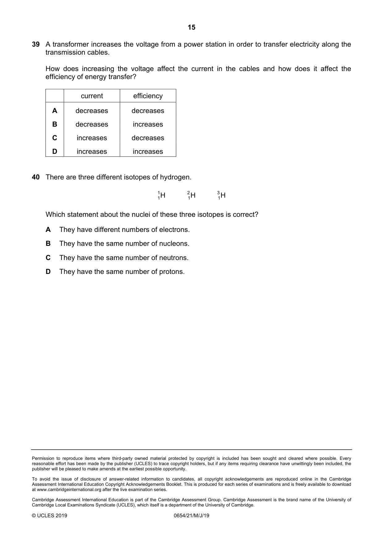 Cambridge IGCSE Sciences - Co-ordinated (Double) 0654 2019 May/June Paper 2 · Variant 1 question paper, page 15 of 16