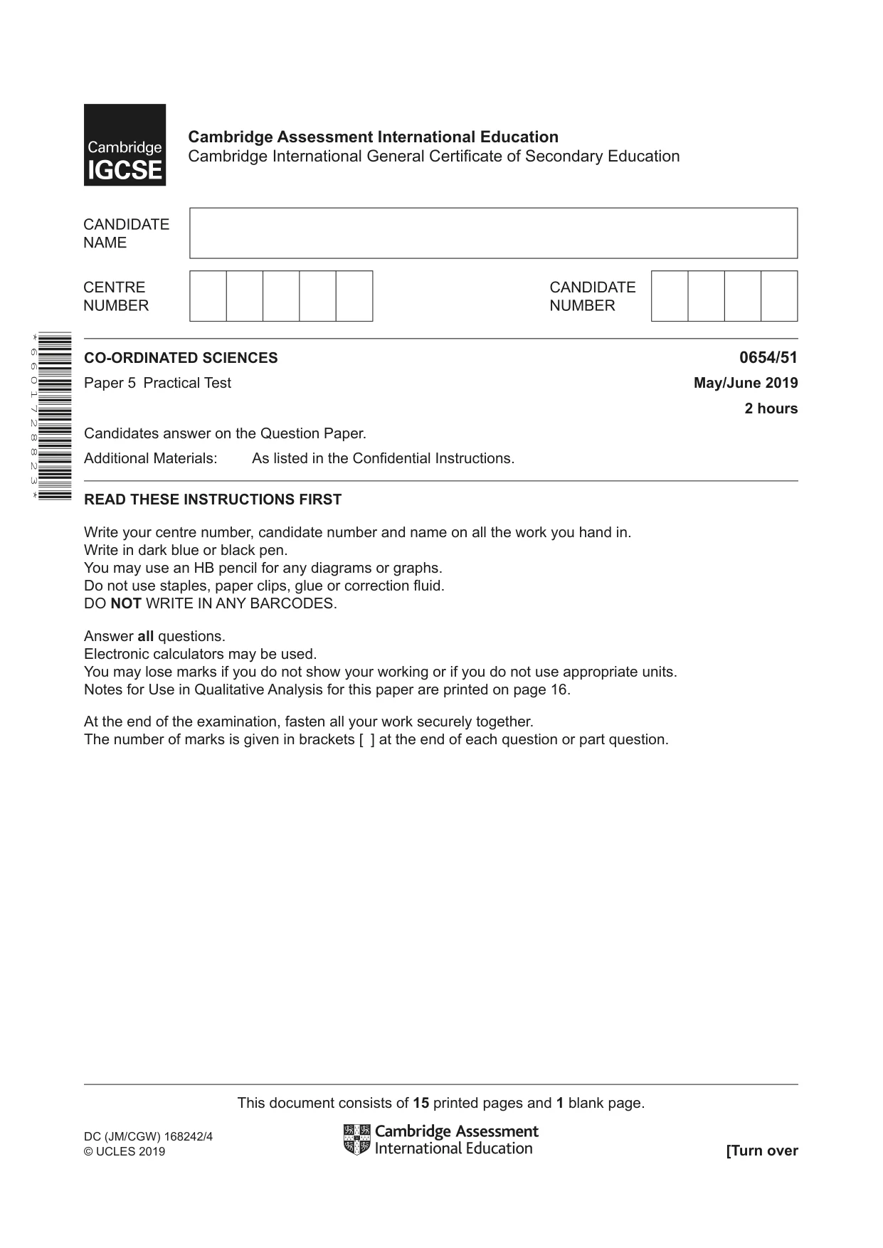 Cambridge IGCSE Sciences - Co-ordinated (Double) 0654 2019 May/June Paper 5 · Variant 1 question paper, page 1 of 16