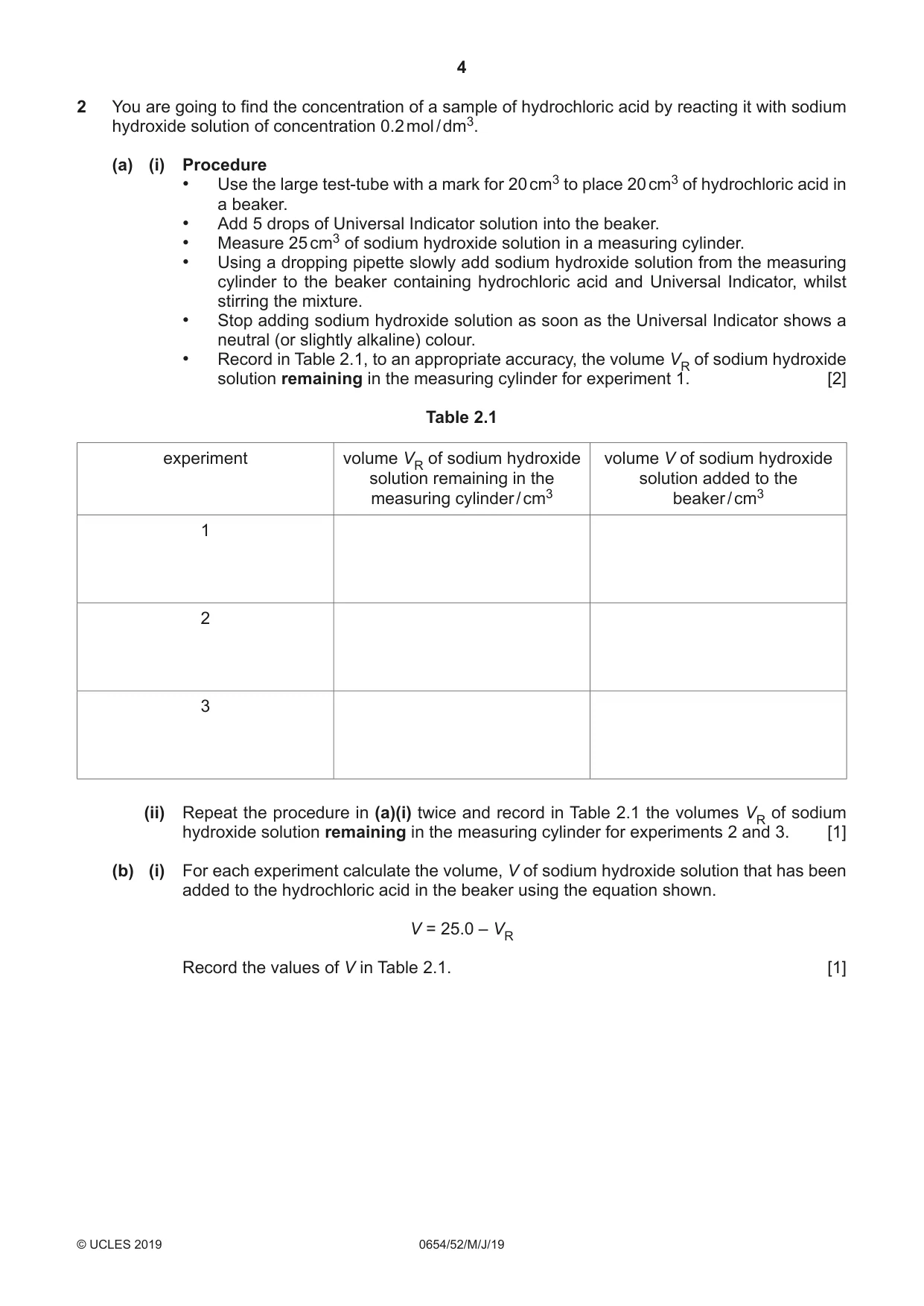 Cambridge IGCSE Sciences - Co-ordinated (Double) 0654 2019 May/June Paper 5 · Variant 2 question paper, page 4 of 20