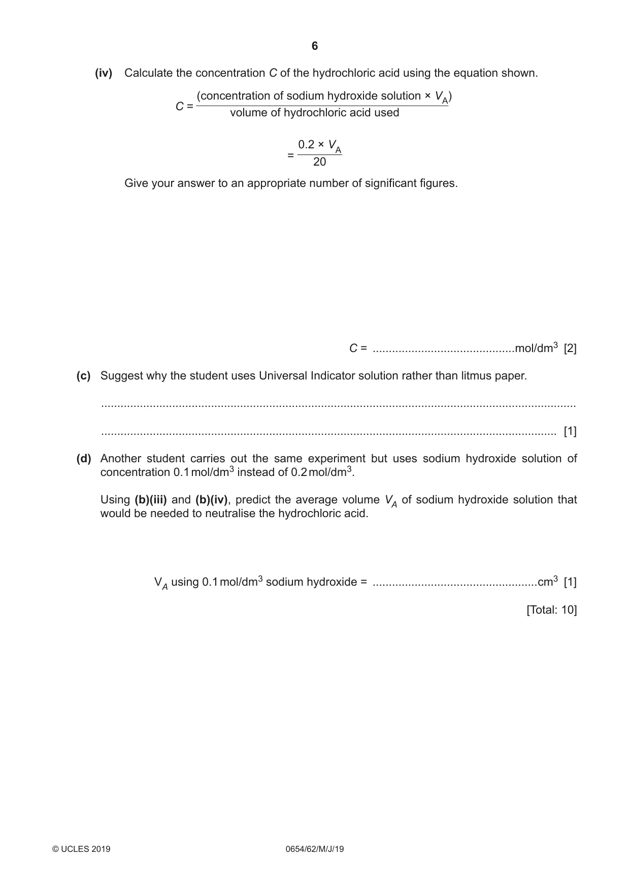Cambridge IGCSE Sciences - Co-ordinated (Double) 0654 2019 May/June Paper 6 · Variant 2 question paper, page 6 of 20