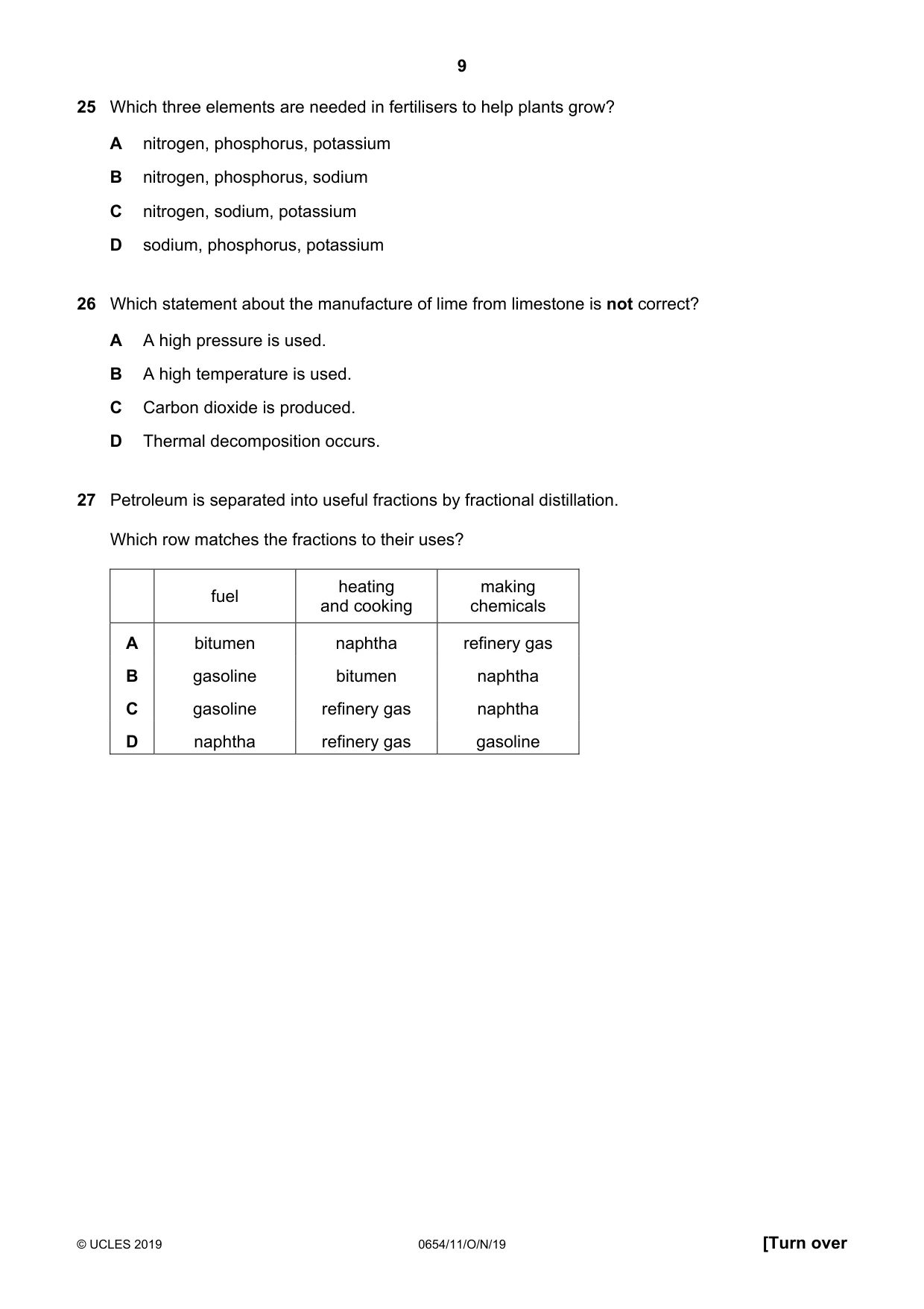 Cambridge IGCSE Sciences - Co-ordinated (Double) 0654 2019 Oct/Nov Paper 1 · Variant 1 question paper, page 9 of 16