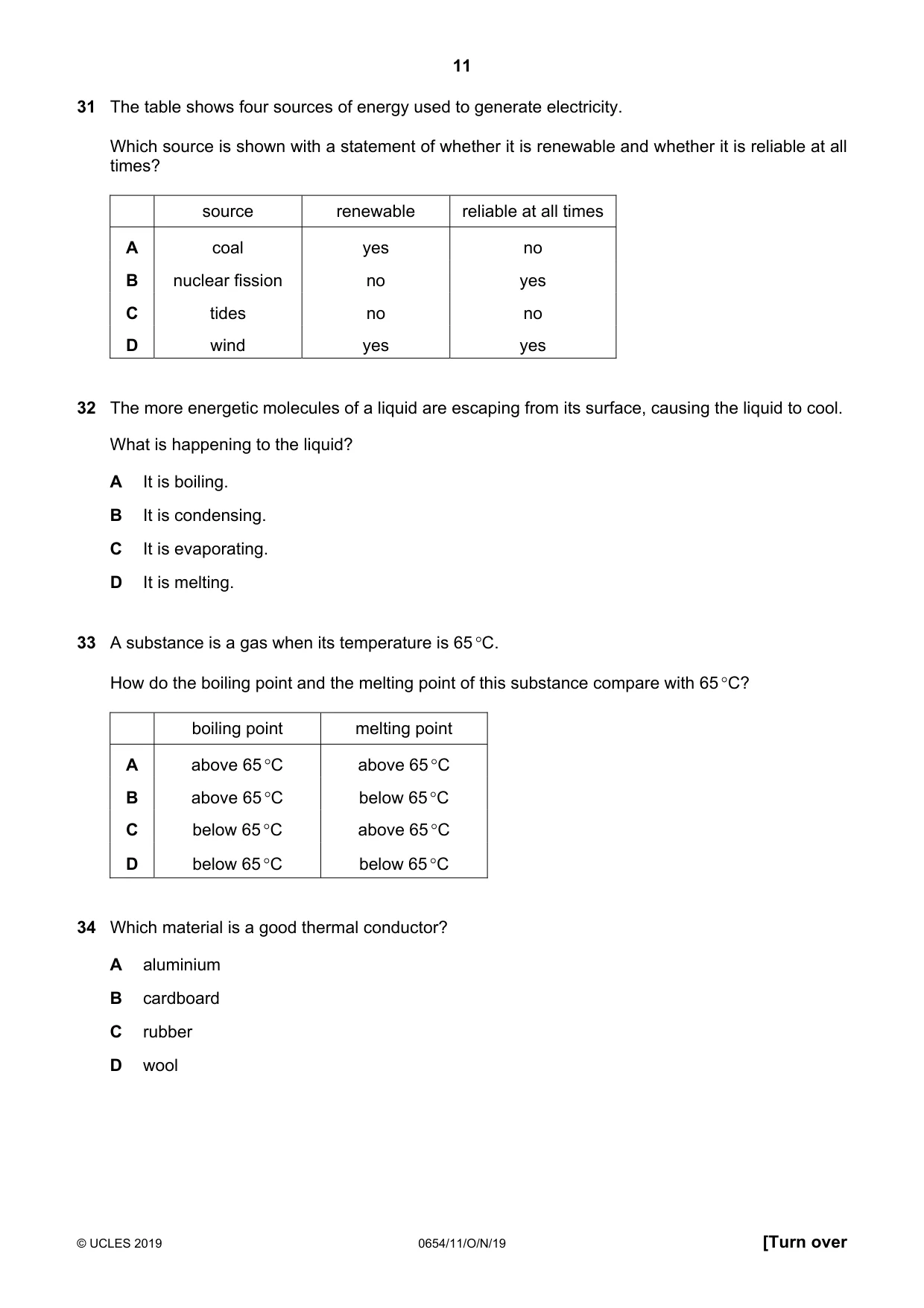 Cambridge IGCSE Sciences - Co-ordinated (Double) 0654 2019 Oct/Nov Paper 1 · Variant 1 question paper, page 11 of 16
