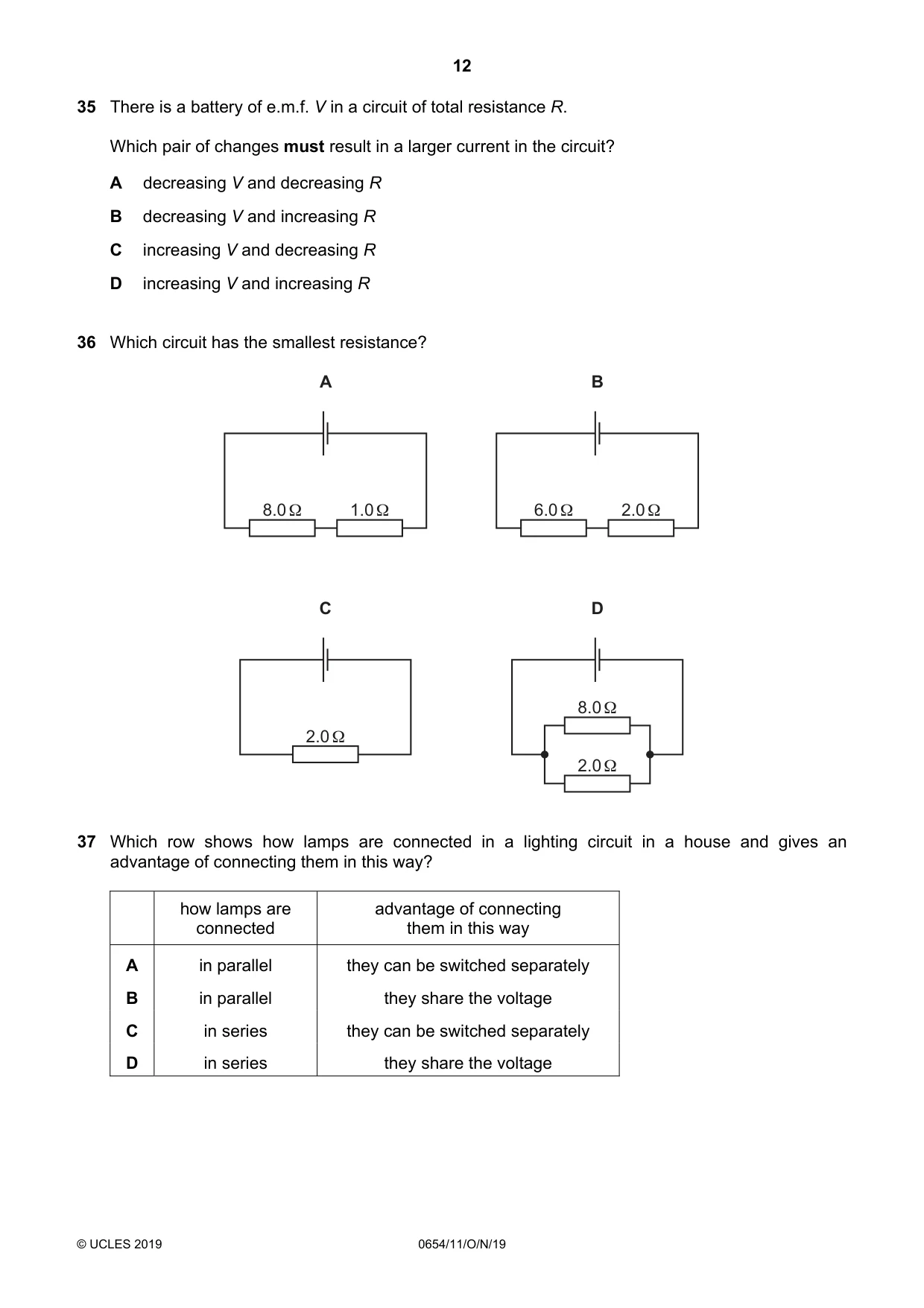 Cambridge IGCSE Sciences - Co-ordinated (Double) 0654 2019 Oct/Nov Paper 1 · Variant 1 question paper, page 12 of 16