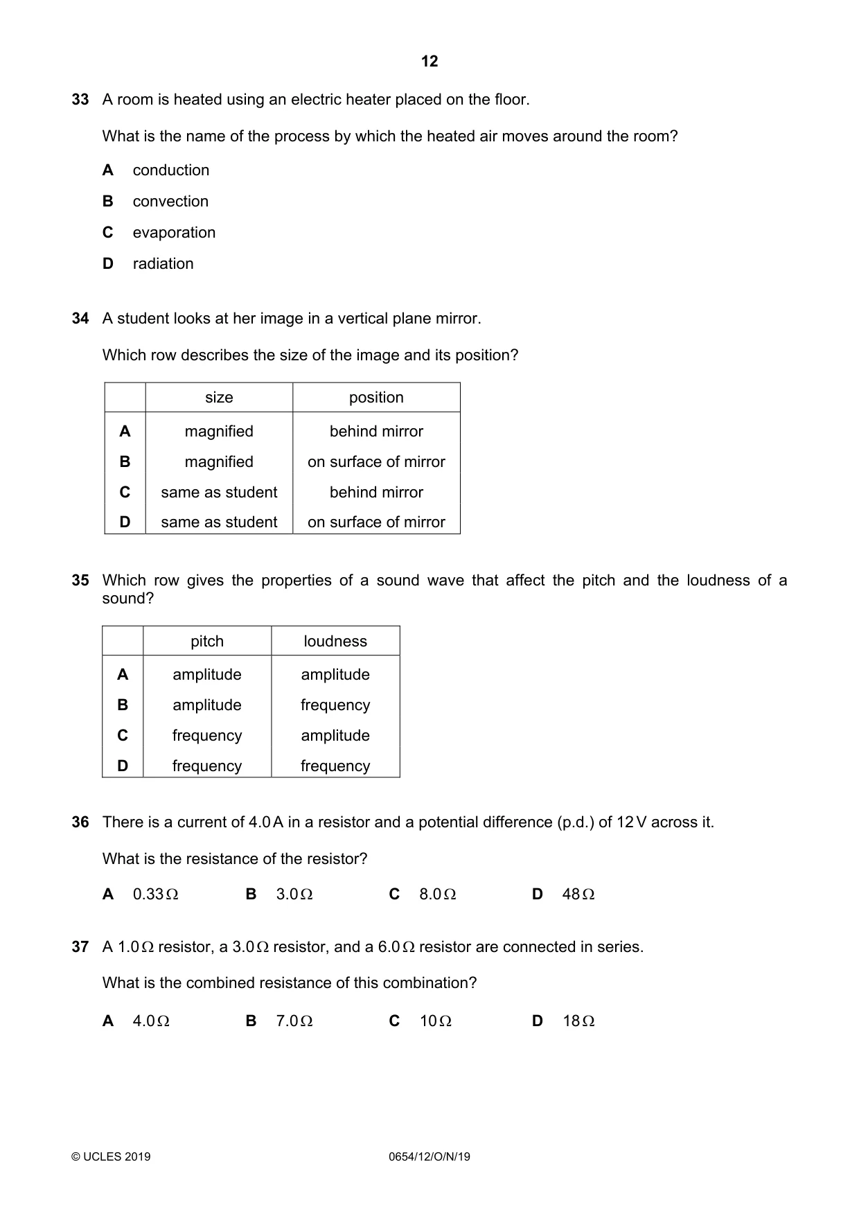 Cambridge IGCSE Sciences - Co-ordinated (Double) 0654 2019 Oct/Nov Paper 1 · Variant 2 question paper, page 12 of 16