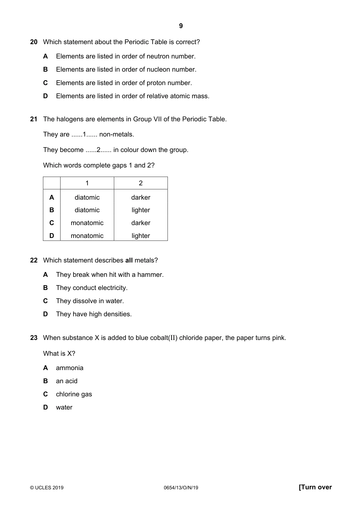 Cambridge IGCSE Sciences - Co-ordinated (Double) 0654 2019 Oct/Nov Paper 1 · Variant 3 question paper, page 9 of 20
