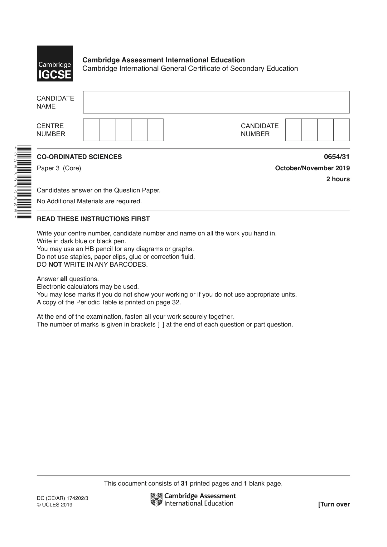 Cambridge IGCSE Sciences - Co-ordinated (Double) 0654 2019 Oct/Nov Paper 3 · Variant 1 question paper, page 1 of 32