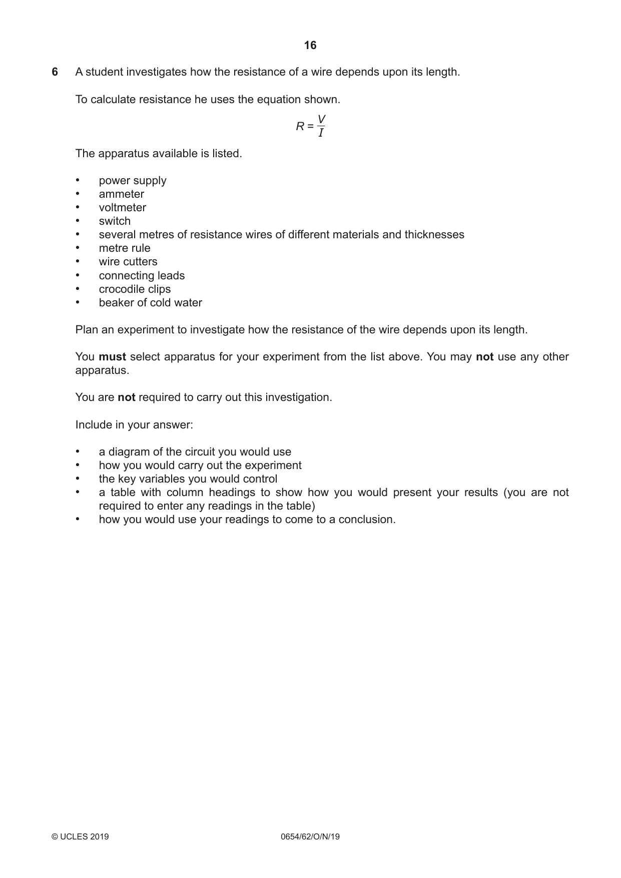 Cambridge IGCSE Sciences - Co-ordinated (Double) 0654 2019 Oct/Nov Paper 6 · Variant 2 question paper, page 16 of 20