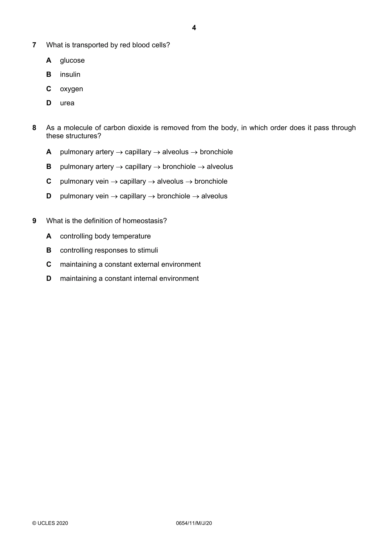 Cambridge IGCSE Sciences - Co-ordinated (Double) 0654 2020 May/June Paper 1 · Variant 1 question paper, page 4 of 16