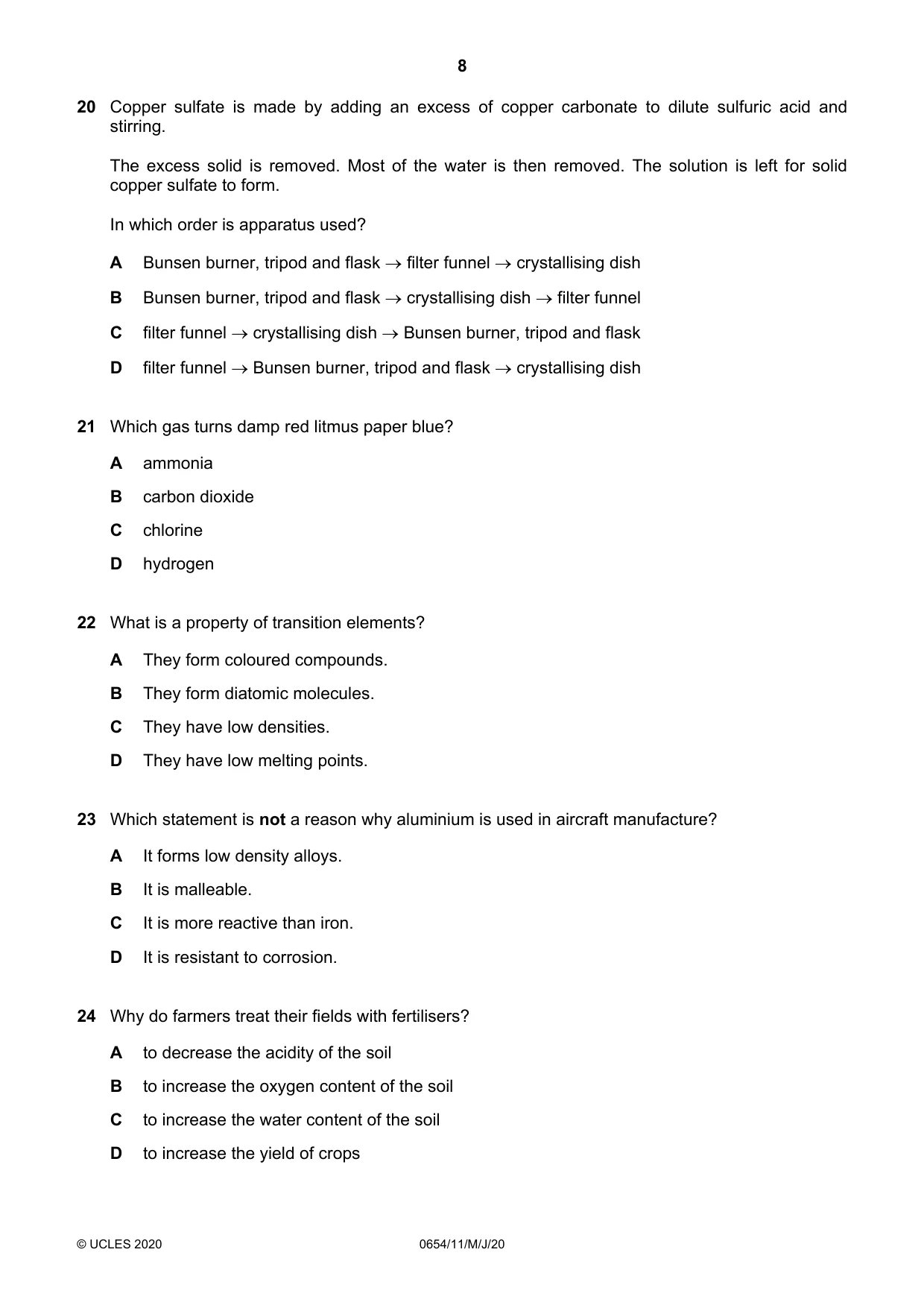 Cambridge IGCSE Sciences - Co-ordinated (Double) 0654 2020 May/June Paper 1 · Variant 1 question paper, page 8 of 16
