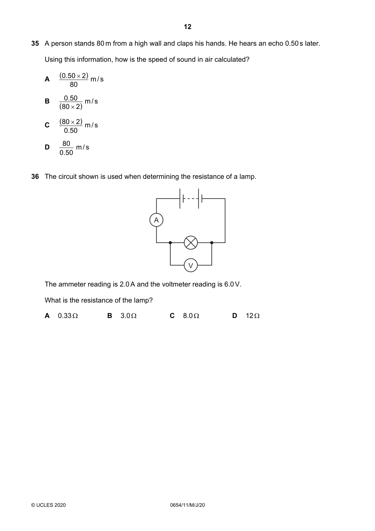 Cambridge IGCSE Sciences - Co-ordinated (Double) 0654 2020 May/June Paper 1 · Variant 1 question paper, page 12 of 16