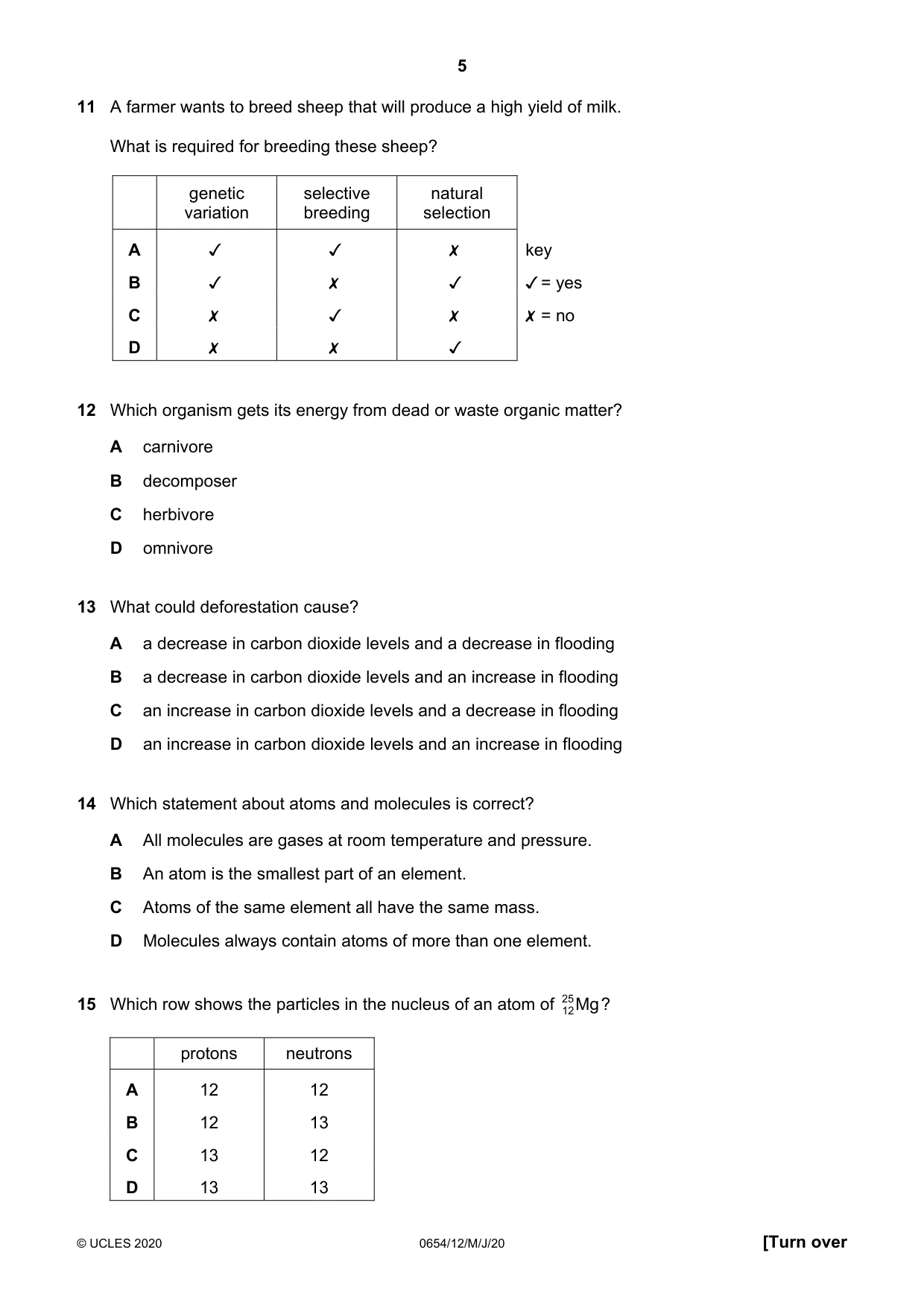 Cambridge IGCSE Sciences - Co-ordinated (Double) 0654 2020 May/June Paper 1 · Variant 2 question paper, page 5 of 16