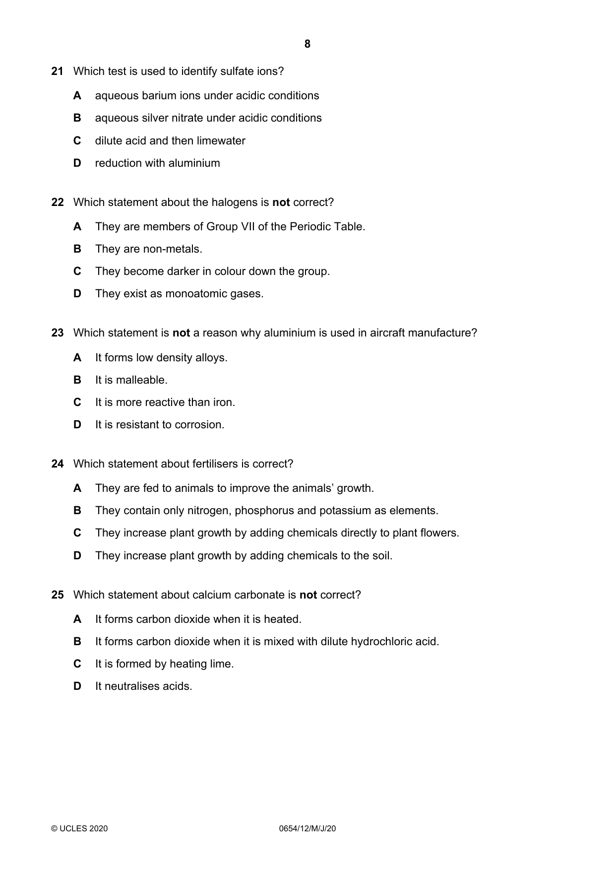 Cambridge IGCSE Sciences - Co-ordinated (Double) 0654 2020 May/June Paper 1 · Variant 2 question paper, page 8 of 16