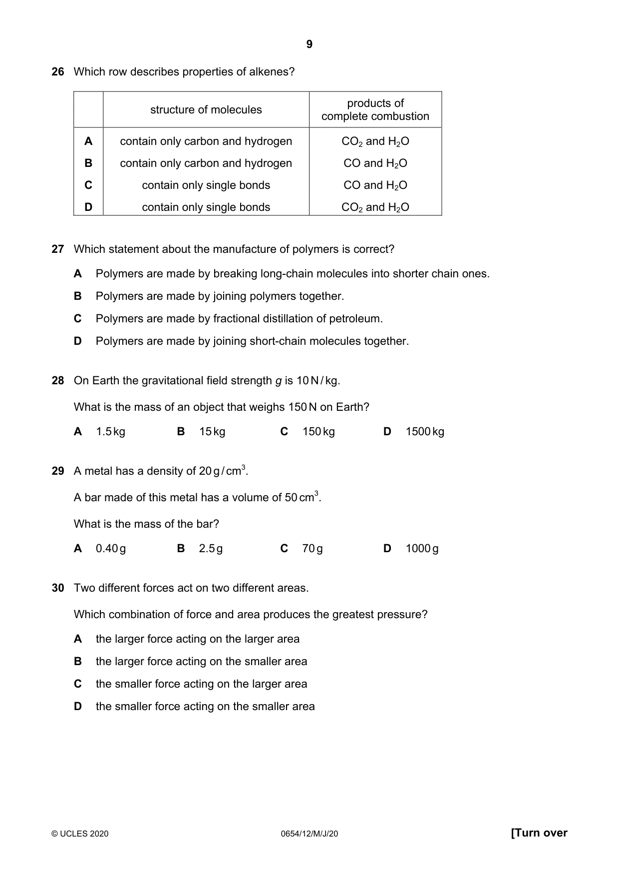 Cambridge IGCSE Sciences - Co-ordinated (Double) 0654 2020 May/June Paper 1 · Variant 2 question paper, page 9 of 16