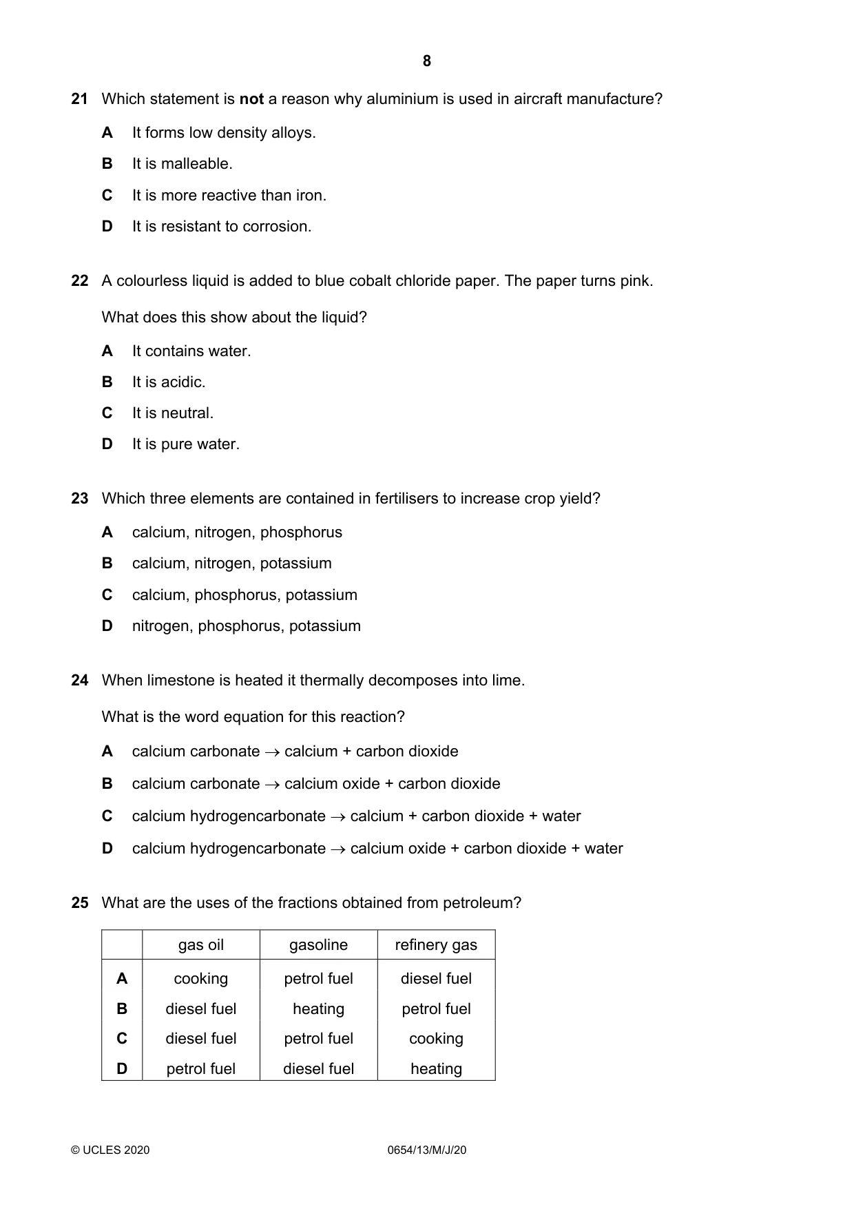 Cambridge IGCSE Sciences - Co-ordinated (Double) 0654 2020 May/June Paper 1 · Variant 3 question paper, page 8 of 16
