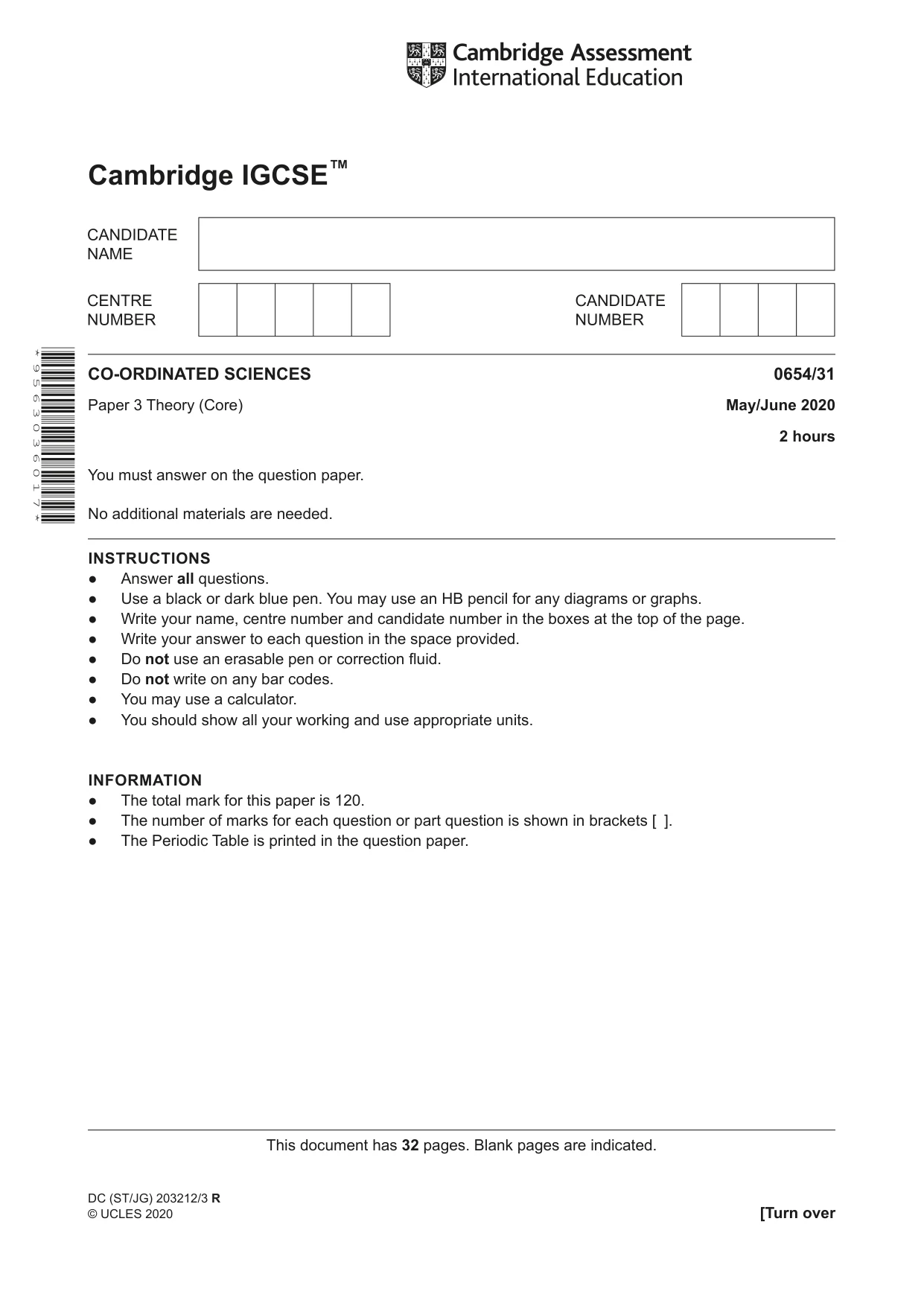 Cambridge IGCSE Sciences - Co-ordinated (Double) 0654 2020 May/June Paper 3 · Variant 1 question paper, page 1 of 32