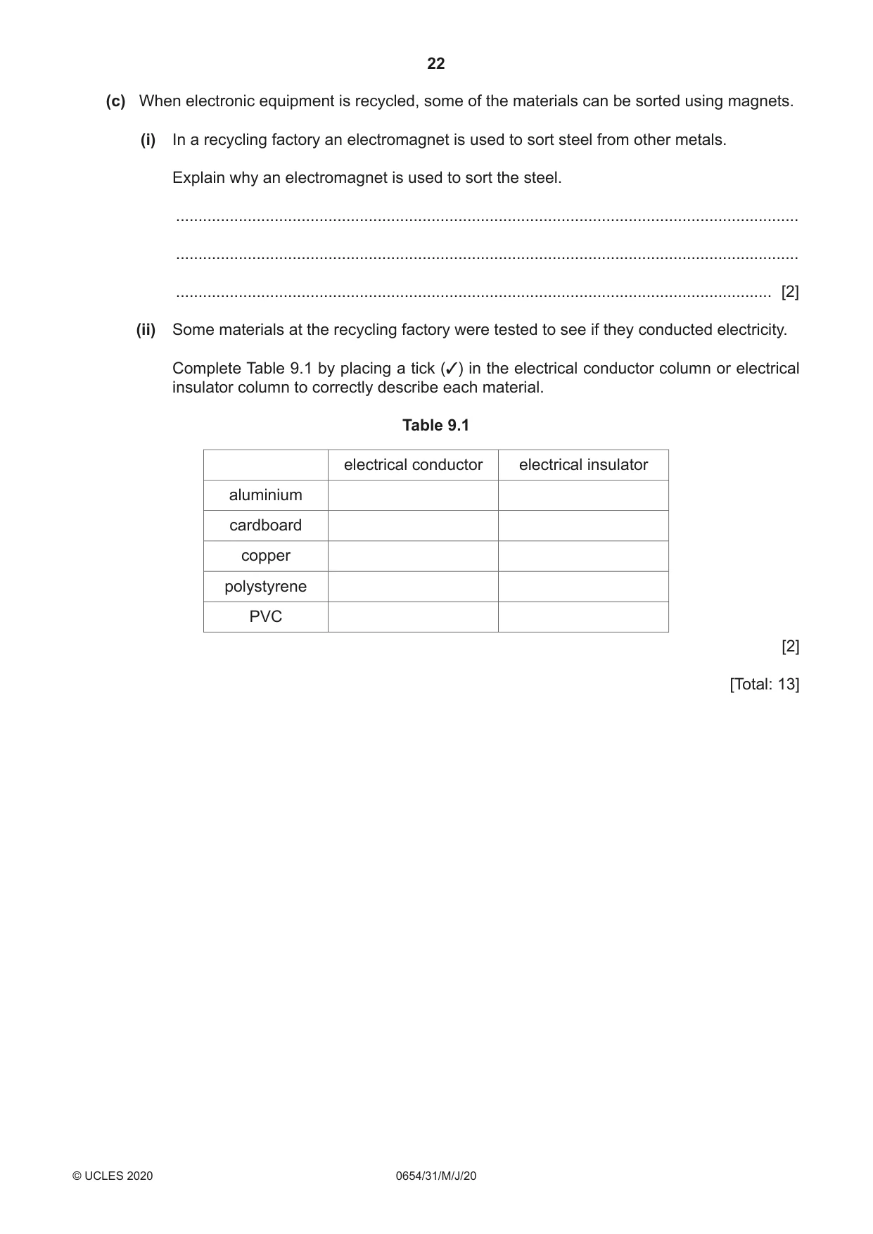 Cambridge IGCSE Sciences - Co-ordinated (Double) 0654 2020 May/June Paper 3 · Variant 1 question paper, page 22 of 32
