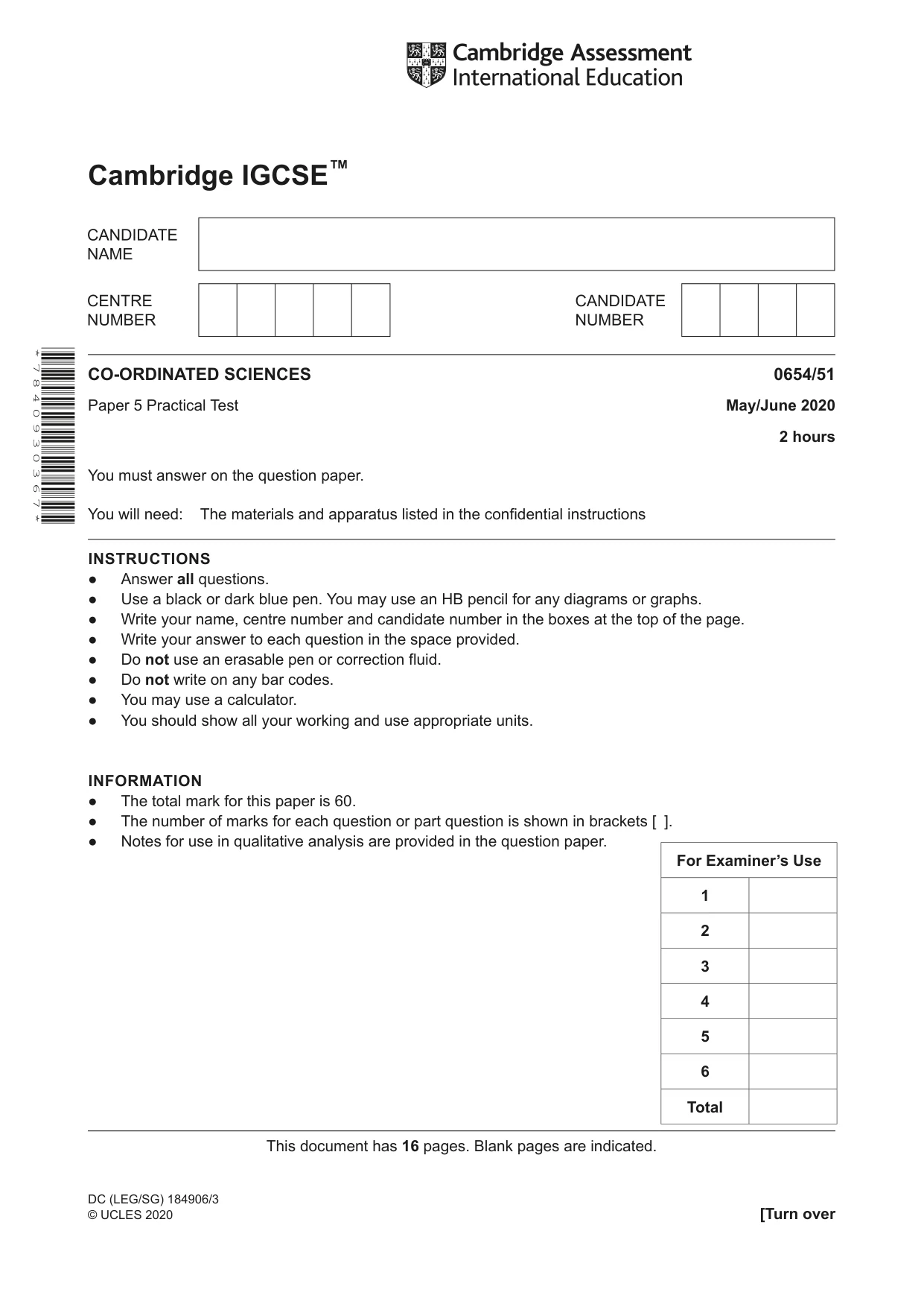 Cambridge IGCSE Sciences - Co-ordinated (Double) 0654 2020 May/June Paper 5 · Variant 1 question paper, page 1 of 16