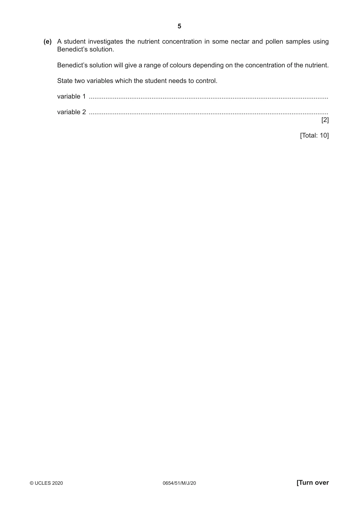 Cambridge IGCSE Sciences - Co-ordinated (Double) 0654 2020 May/June Paper 5 · Variant 1 question paper, page 5 of 16