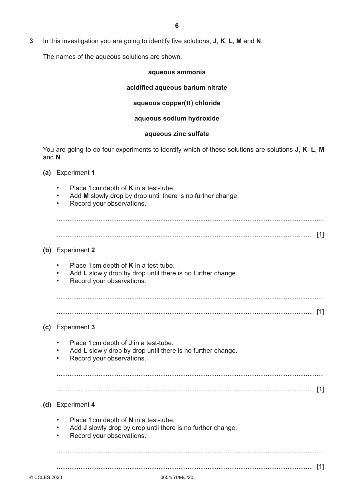 Cambridge IGCSE Sciences - Co-ordinated (Double) 0654 2020 May/June Paper 5 · Variant 1 question paper, page 6 of 16