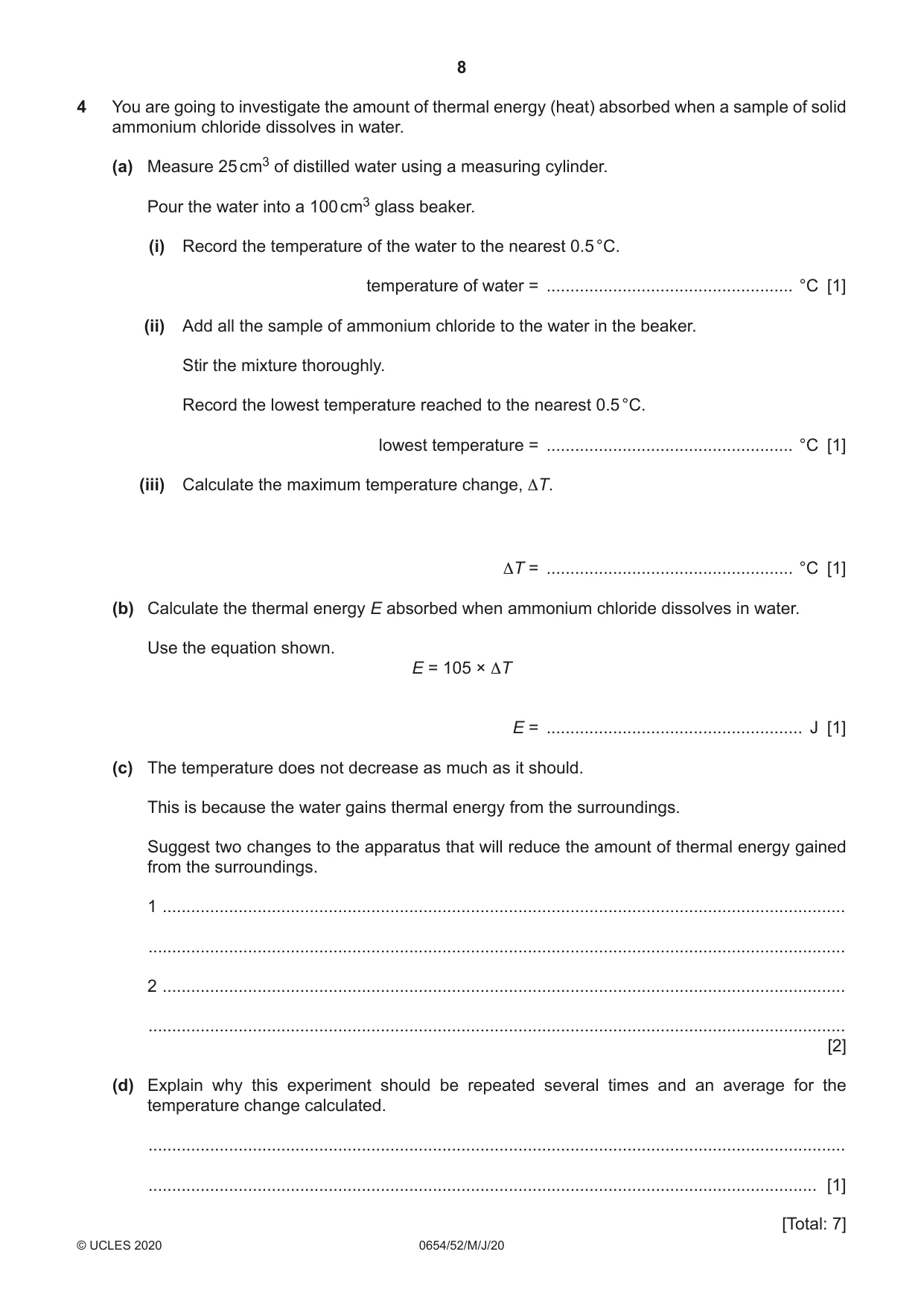 Cambridge IGCSE Sciences - Co-ordinated (Double) 0654 2020 May/June Paper 5 · Variant 2 question paper, page 8 of 16