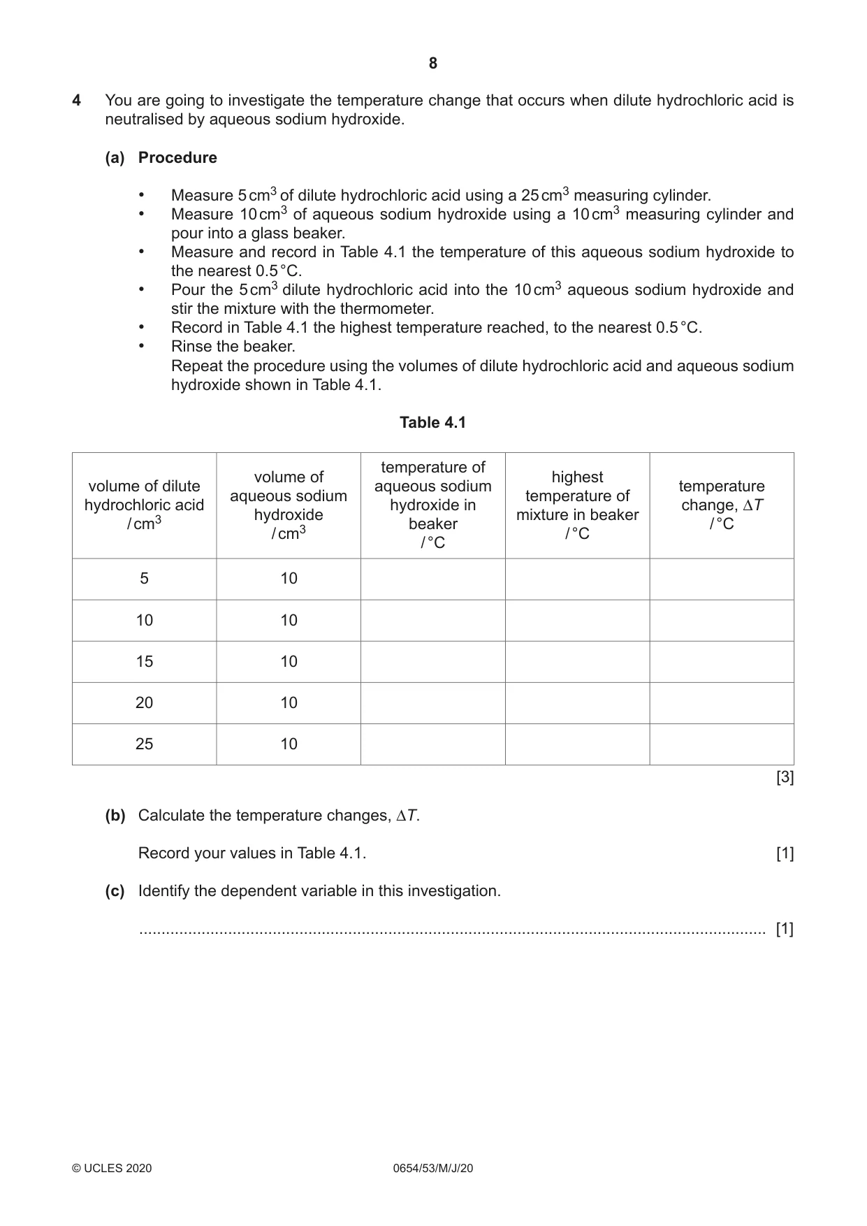Cambridge IGCSE Sciences - Co-ordinated (Double) 0654 2020 May/June Paper 5 · Variant 3 question paper, page 8 of 16