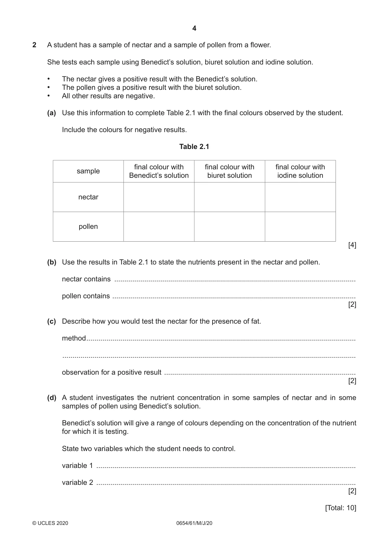 Cambridge IGCSE Sciences - Co-ordinated (Double) 0654 2020 May/June Paper 6 · Variant 1 question paper, page 4 of 16
