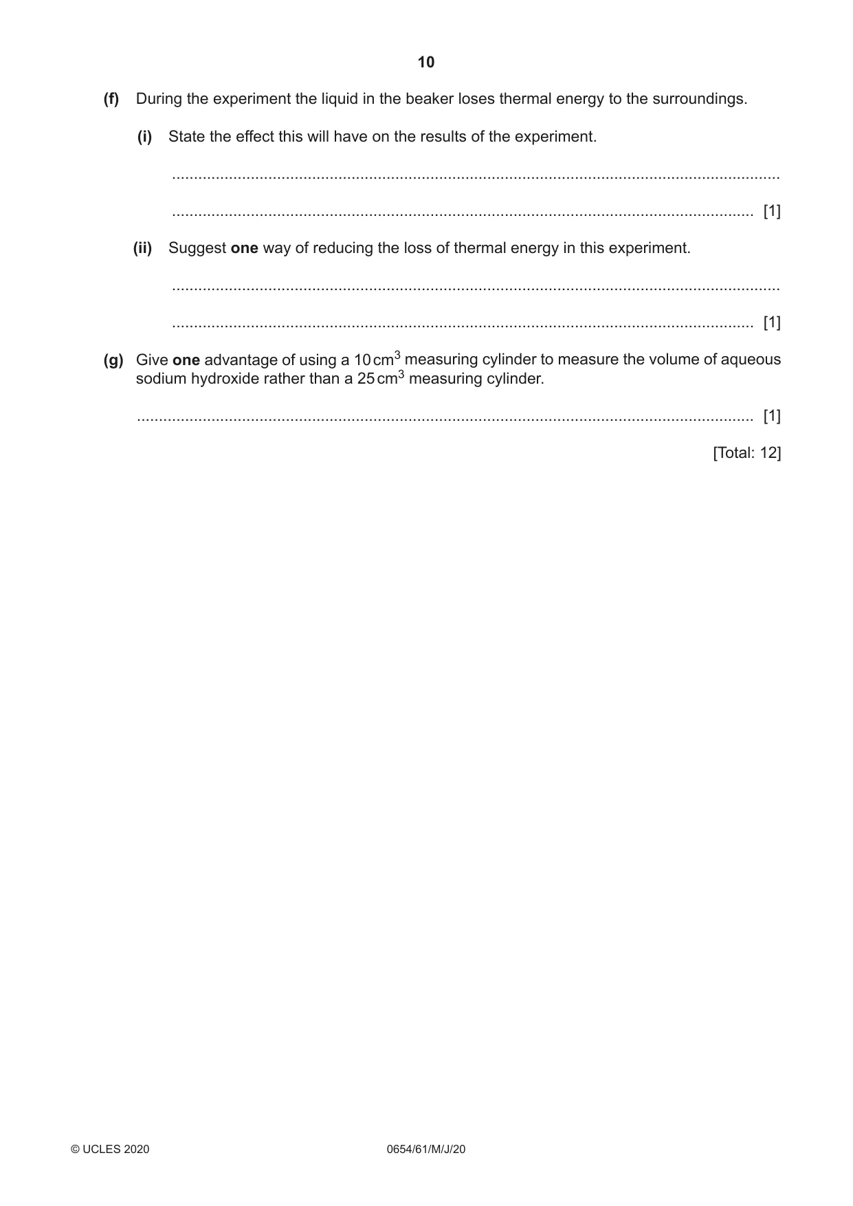 Cambridge IGCSE Sciences - Co-ordinated (Double) 0654 2020 May/June Paper 6 · Variant 1 question paper, page 10 of 16