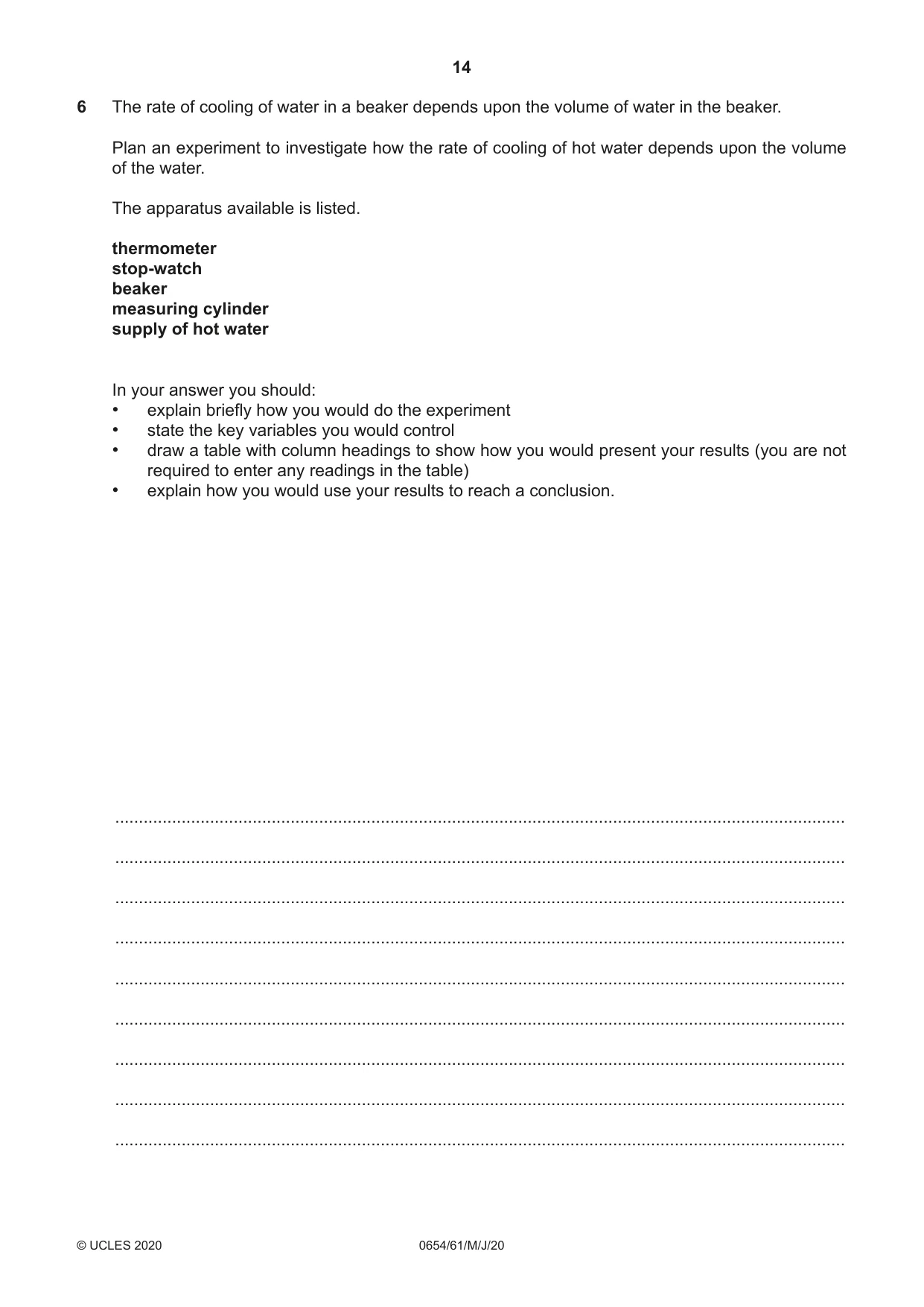Cambridge IGCSE Sciences - Co-ordinated (Double) 0654 2020 May/June Paper 6 · Variant 1 question paper, page 14 of 16