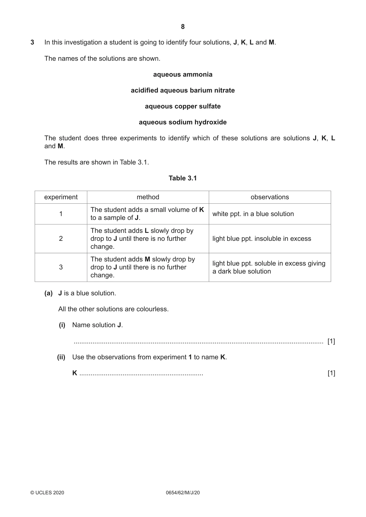 Cambridge IGCSE Sciences - Co-ordinated (Double) 0654 2020 May/June Paper 6 · Variant 2 question paper, page 8 of 20