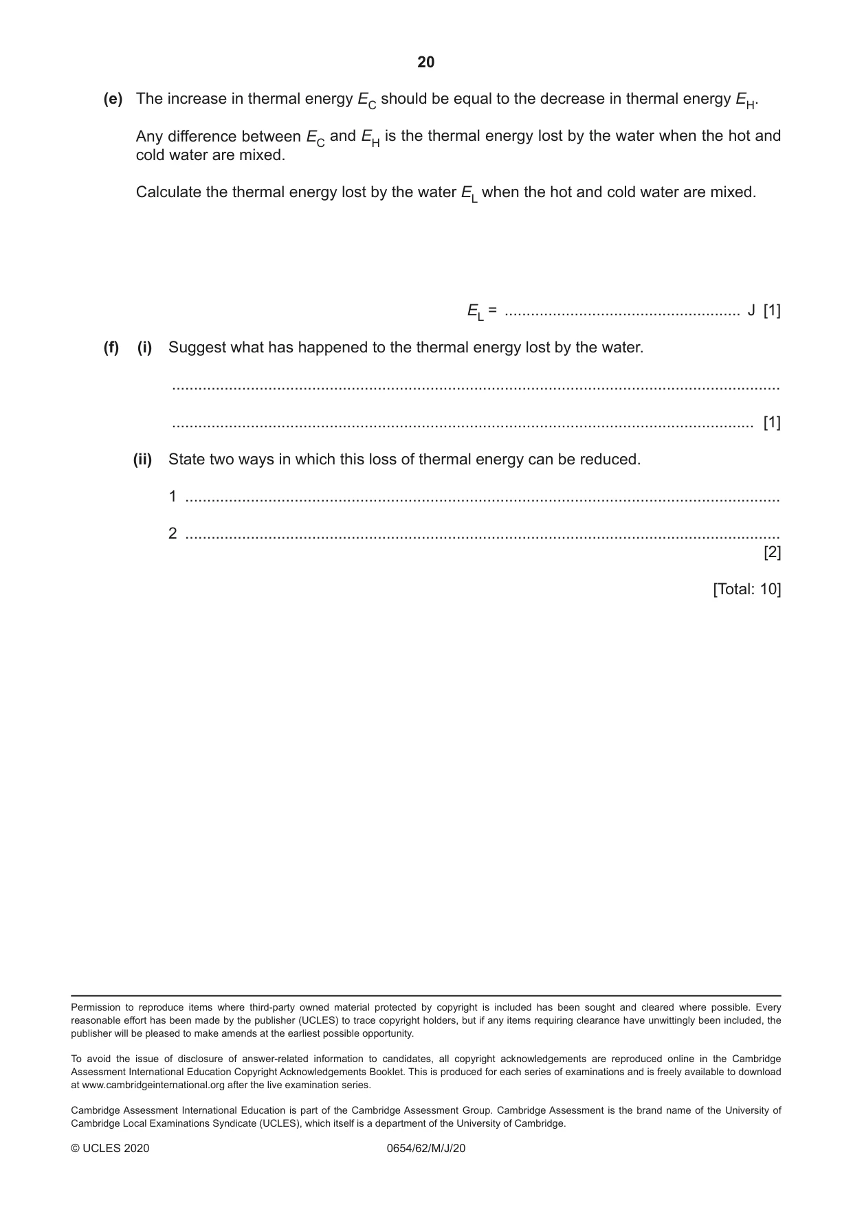 Cambridge IGCSE Sciences - Co-ordinated (Double) 0654 2020 May/June Paper 6 · Variant 2 question paper, page 20 of 20