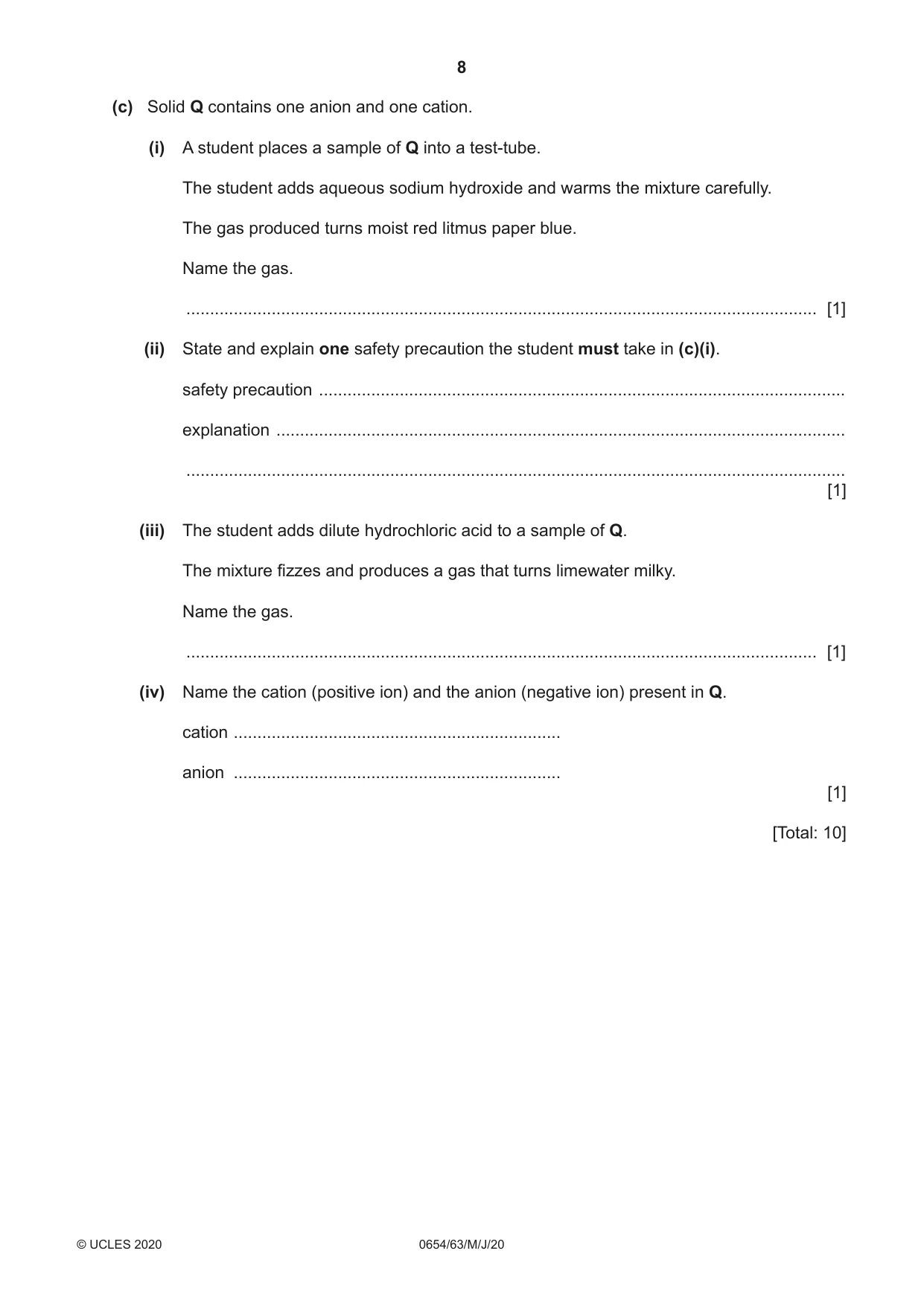 Cambridge IGCSE Sciences - Co-ordinated (Double) 0654 2020 May/June Paper 6 · Variant 3 question paper, page 8 of 16
