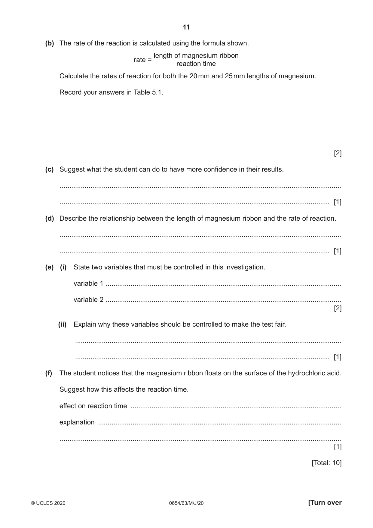 Cambridge IGCSE Sciences - Co-ordinated (Double) 0654 2020 May/June Paper 6 · Variant 3 question paper, page 11 of 16
