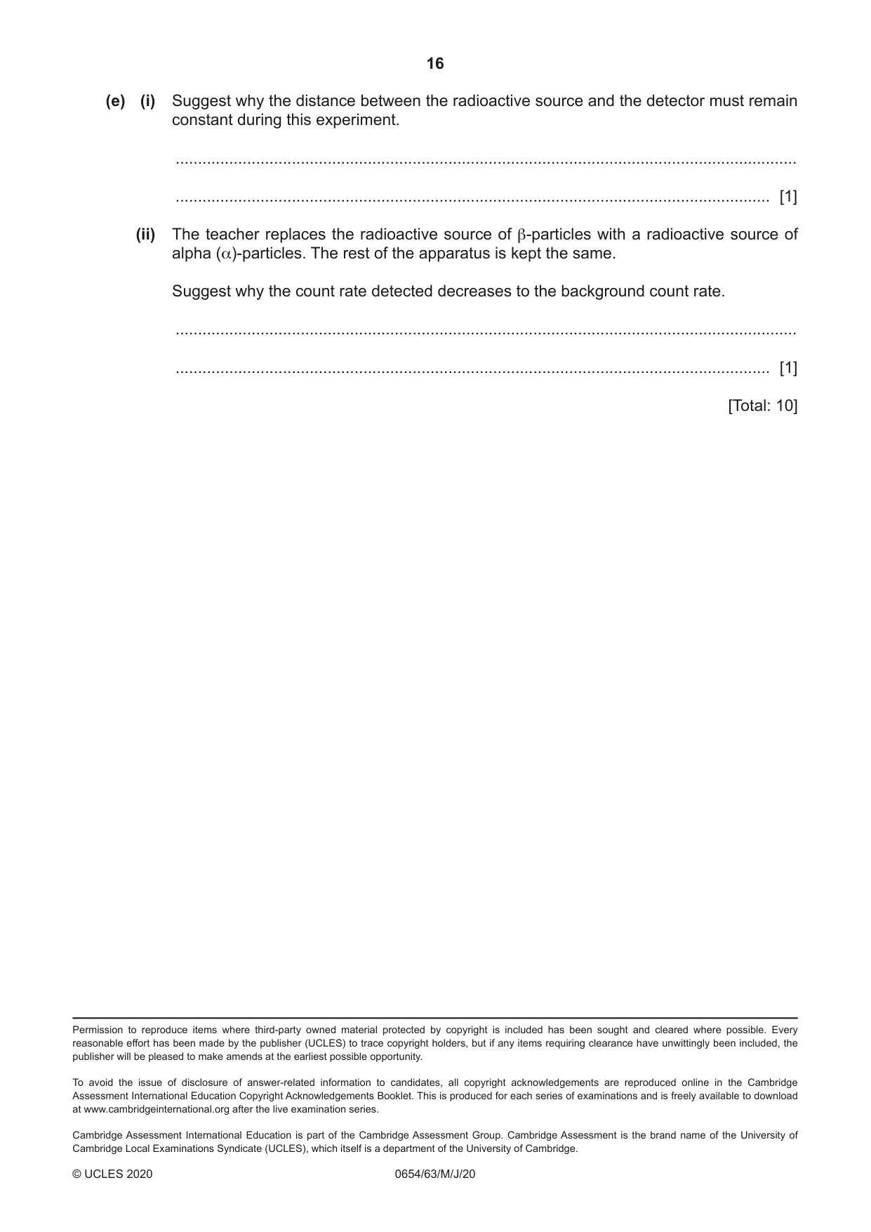 Cambridge IGCSE Sciences - Co-ordinated (Double) 0654 2020 May/June Paper 6 · Variant 3 question paper, page 16 of 16