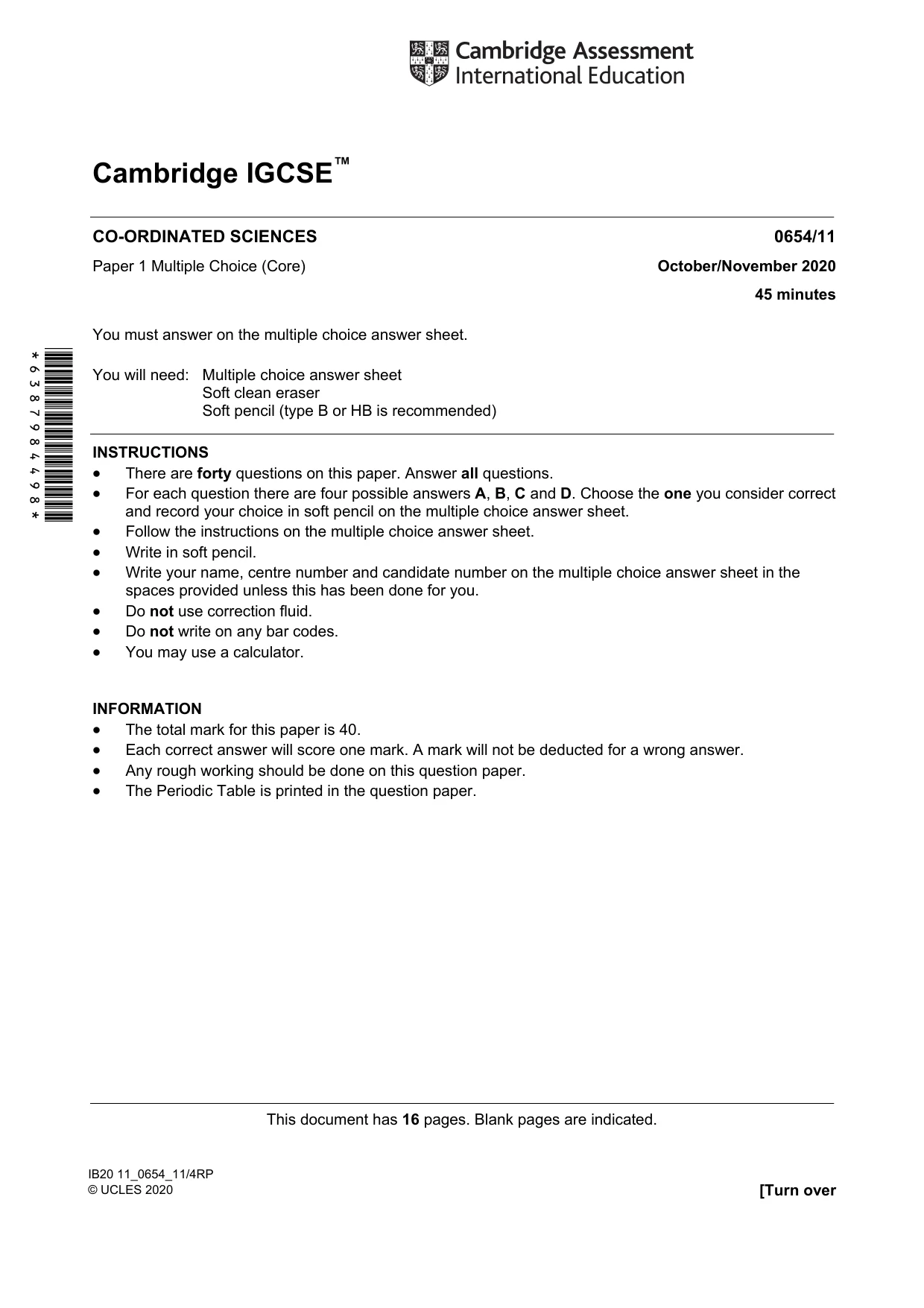 Cambridge IGCSE Sciences - Co-ordinated (Double) 0654 2020 Oct/Nov Paper 1 · Variant 1 question paper, page 1 of 16