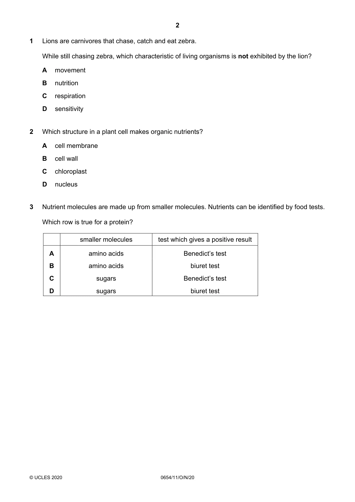 Cambridge IGCSE Sciences - Co-ordinated (Double) 0654 2020 Oct/Nov Paper 1 · Variant 1 question paper, page 2 of 16