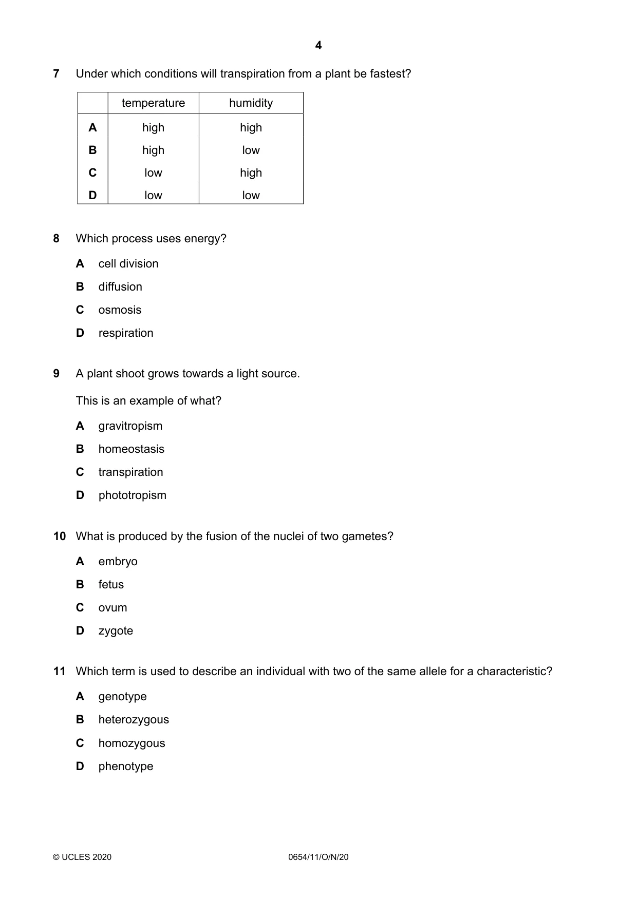 Cambridge IGCSE Sciences - Co-ordinated (Double) 0654 2020 Oct/Nov Paper 1 · Variant 1 question paper, page 4 of 16