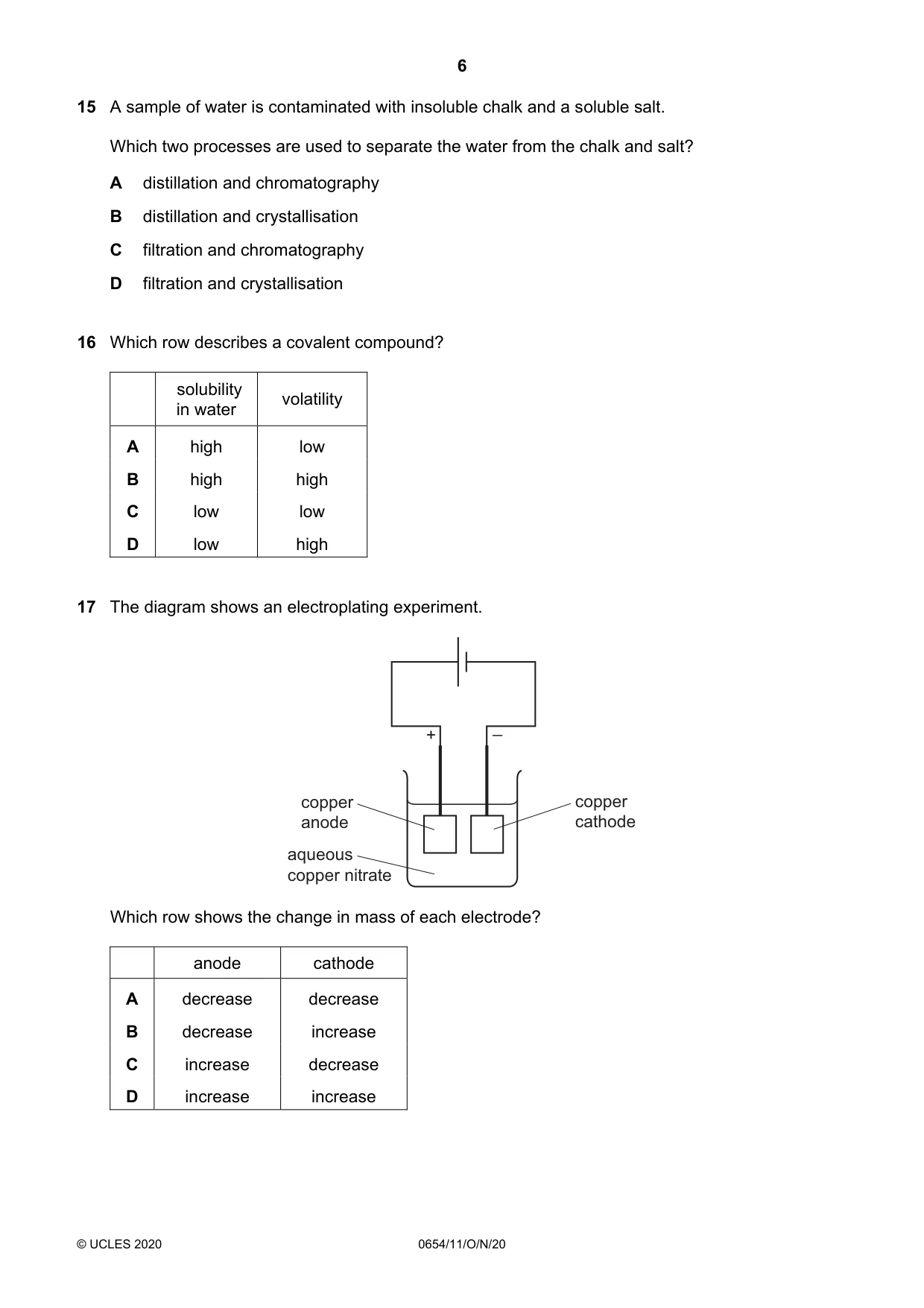 Cambridge IGCSE Sciences - Co-ordinated (Double) 0654 2020 Oct/Nov Paper 1 · Variant 1 question paper, page 6 of 16