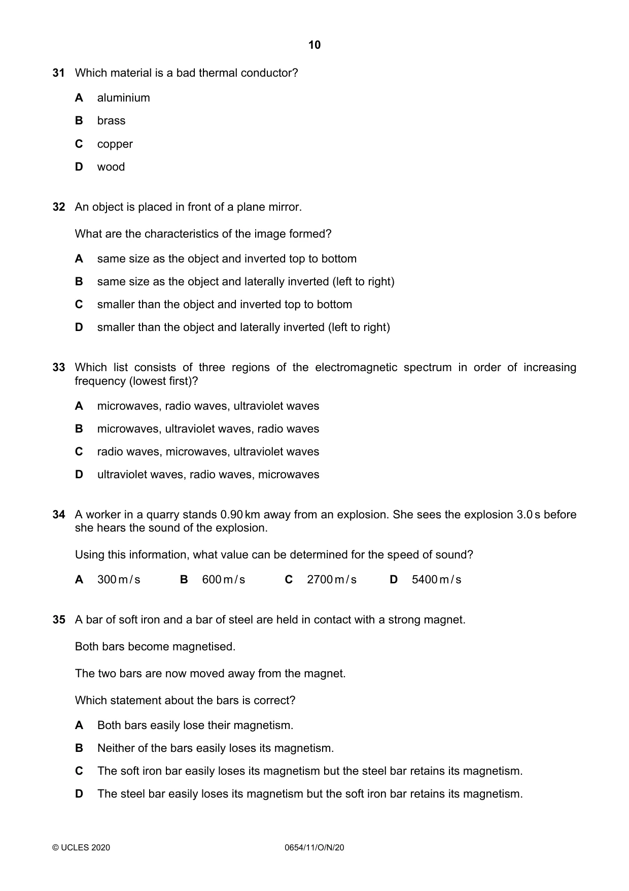 Cambridge IGCSE Sciences - Co-ordinated (Double) 0654 2020 Oct/Nov Paper 1 · Variant 1 question paper, page 10 of 16
