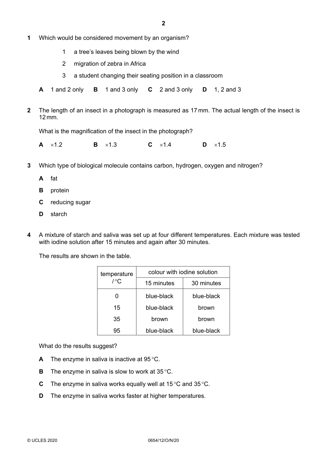 Cambridge IGCSE Sciences - Co-ordinated (Double) 0654 2020 Oct/Nov Paper 1 · Variant 2 question paper, page 2 of 16