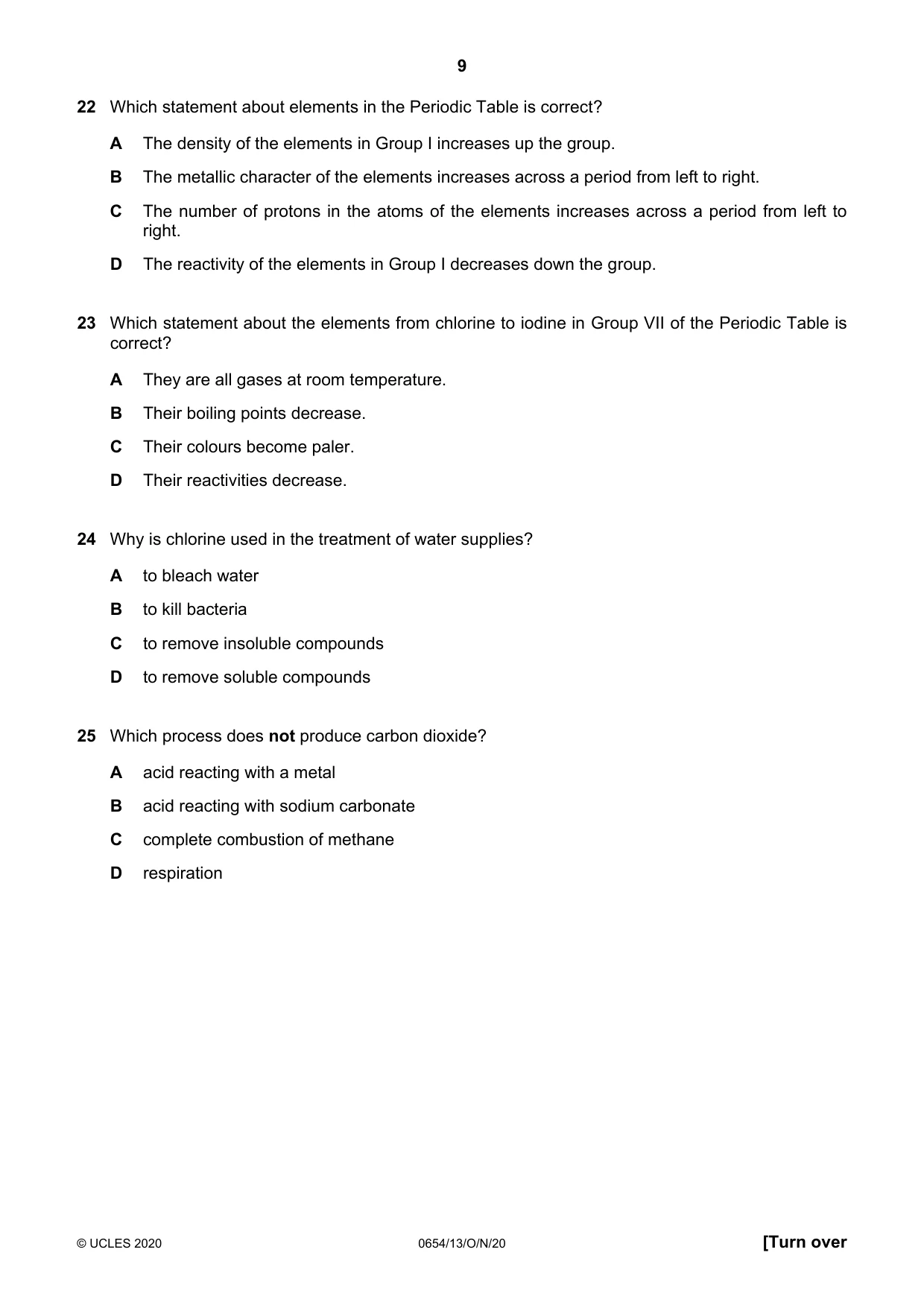 Cambridge IGCSE Sciences - Co-ordinated (Double) 0654 2020 Oct/Nov Paper 1 · Variant 3 question paper, page 9 of 16