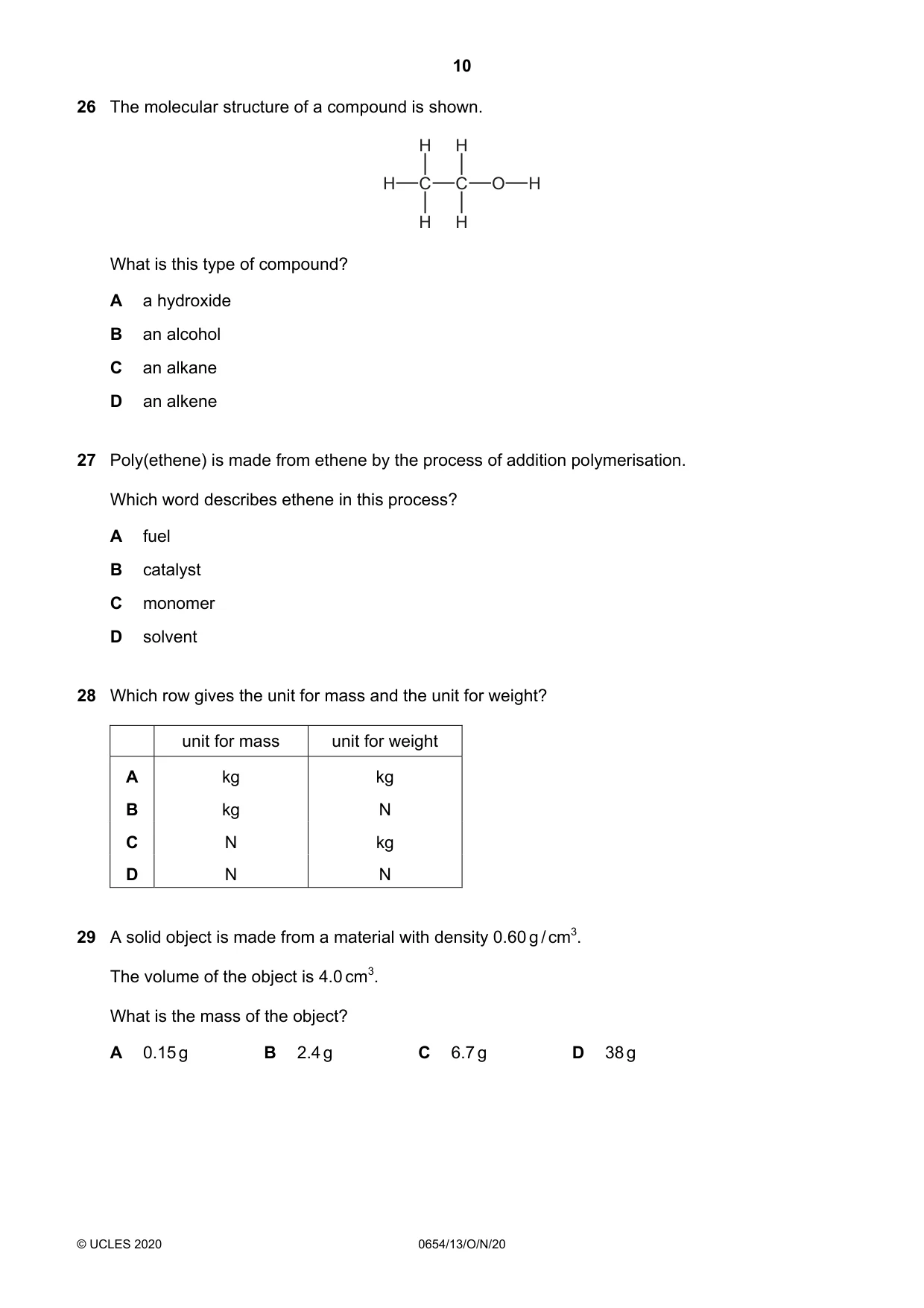 Cambridge IGCSE Sciences - Co-ordinated (Double) 0654 2020 Oct/Nov Paper 1 · Variant 3 question paper, page 10 of 16