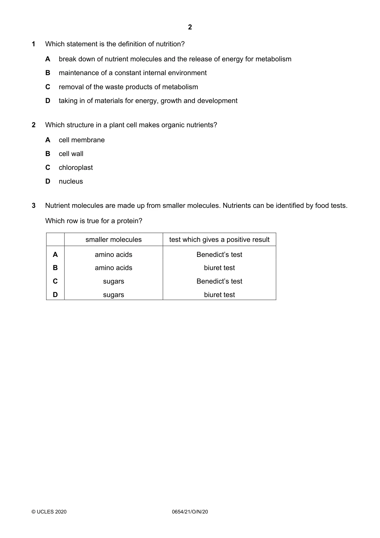 Cambridge IGCSE Sciences - Co-ordinated (Double) 0654 2020 Oct/Nov Paper 2 · Variant 1 question paper, page 2 of 16