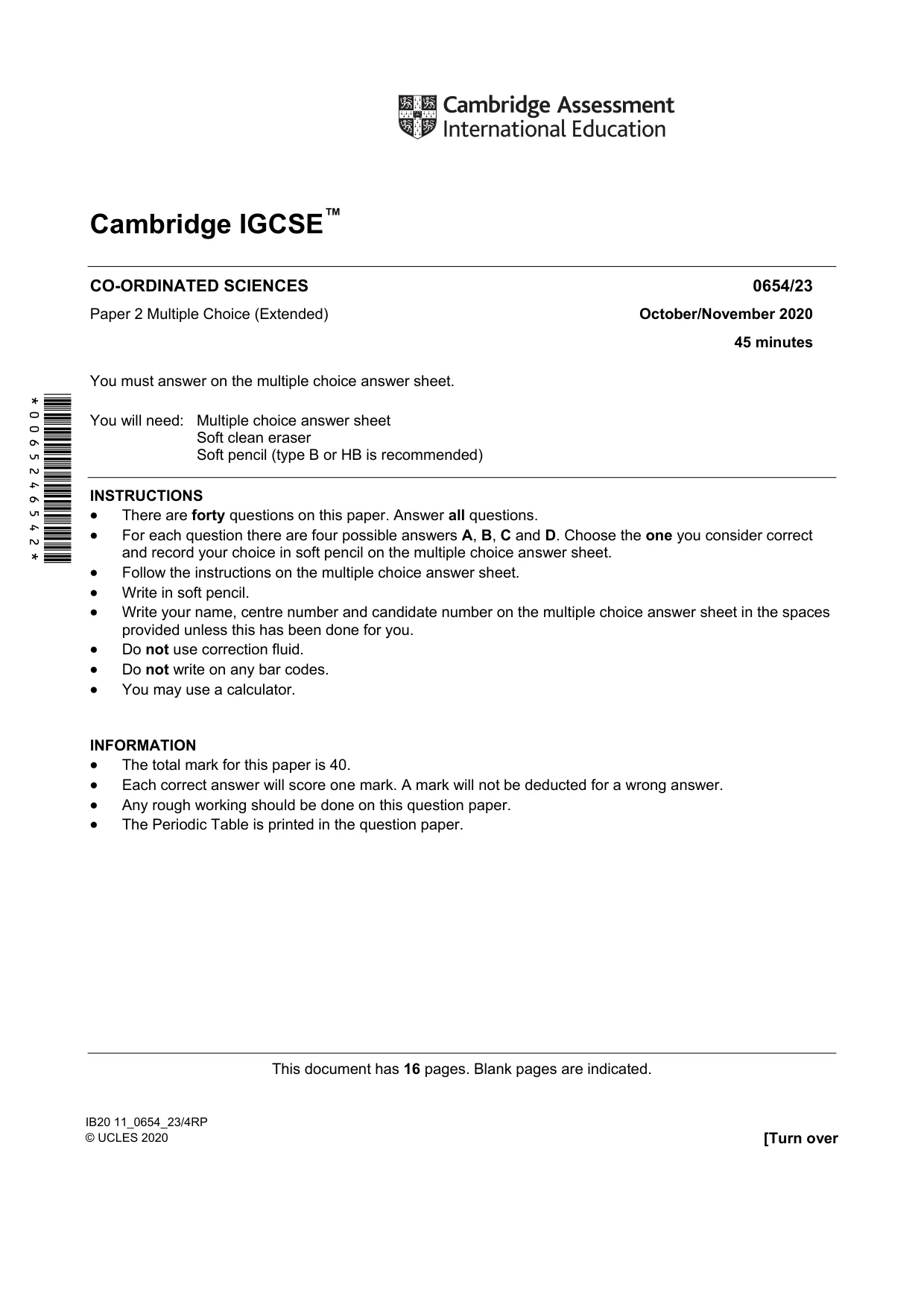 Cambridge IGCSE Sciences - Co-ordinated (Double) 0654 2020 Oct/Nov Paper 2 · Variant 3 question paper, page 1 of 16