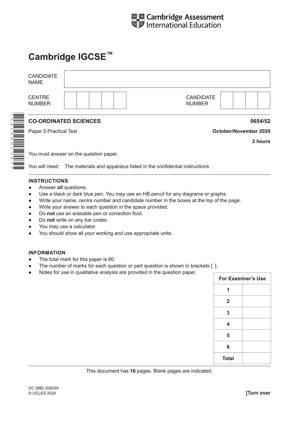 Cambridge IGCSE Sciences - Co-ordinated (Double) 0654 2020 Oct/Nov Paper 5 · Variant 2 question paper, page 1 of 16